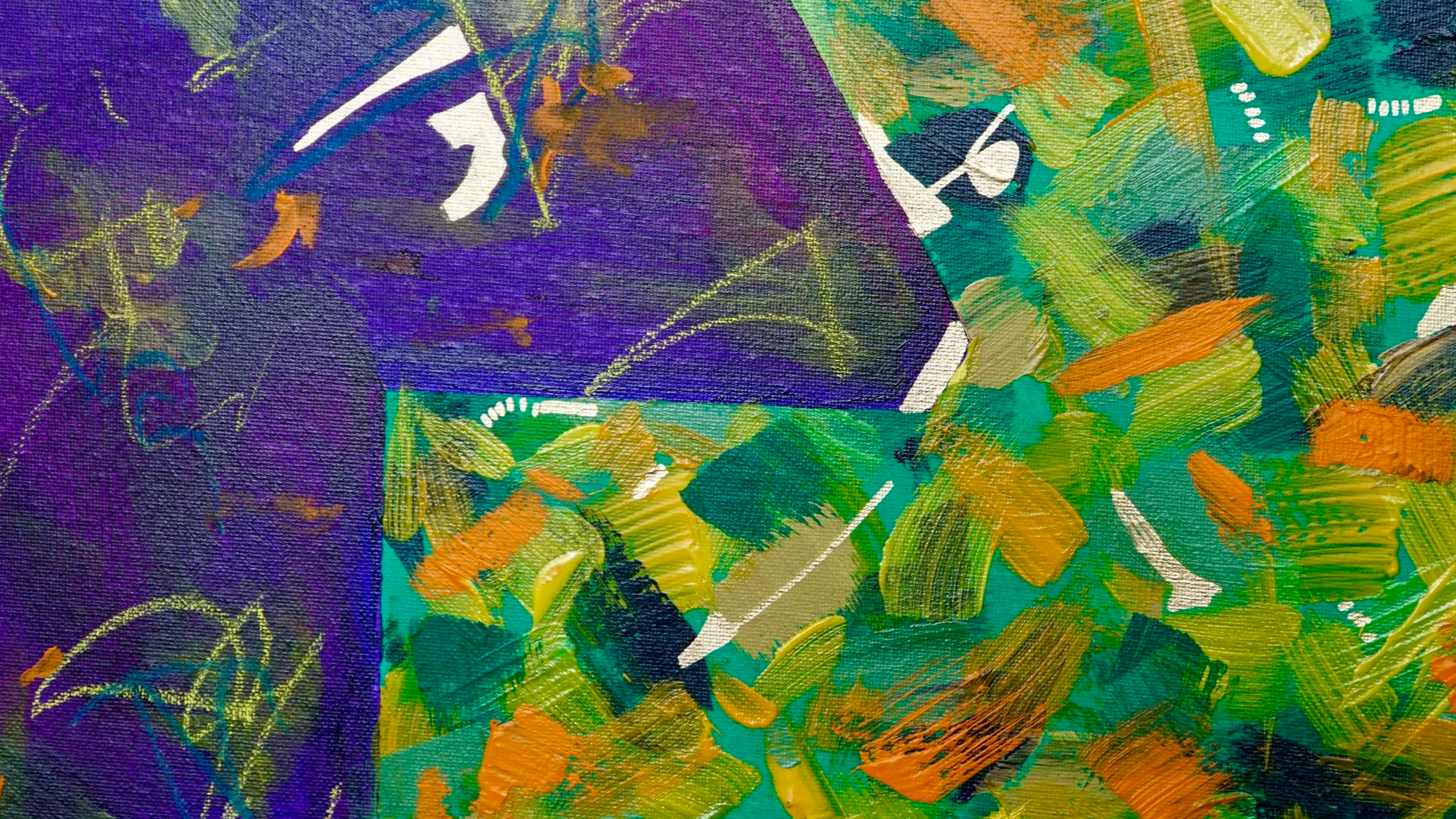 Close-up of an abstract painting with vibrant purple, green, orange, and yellow brushstrokes and textured surface.