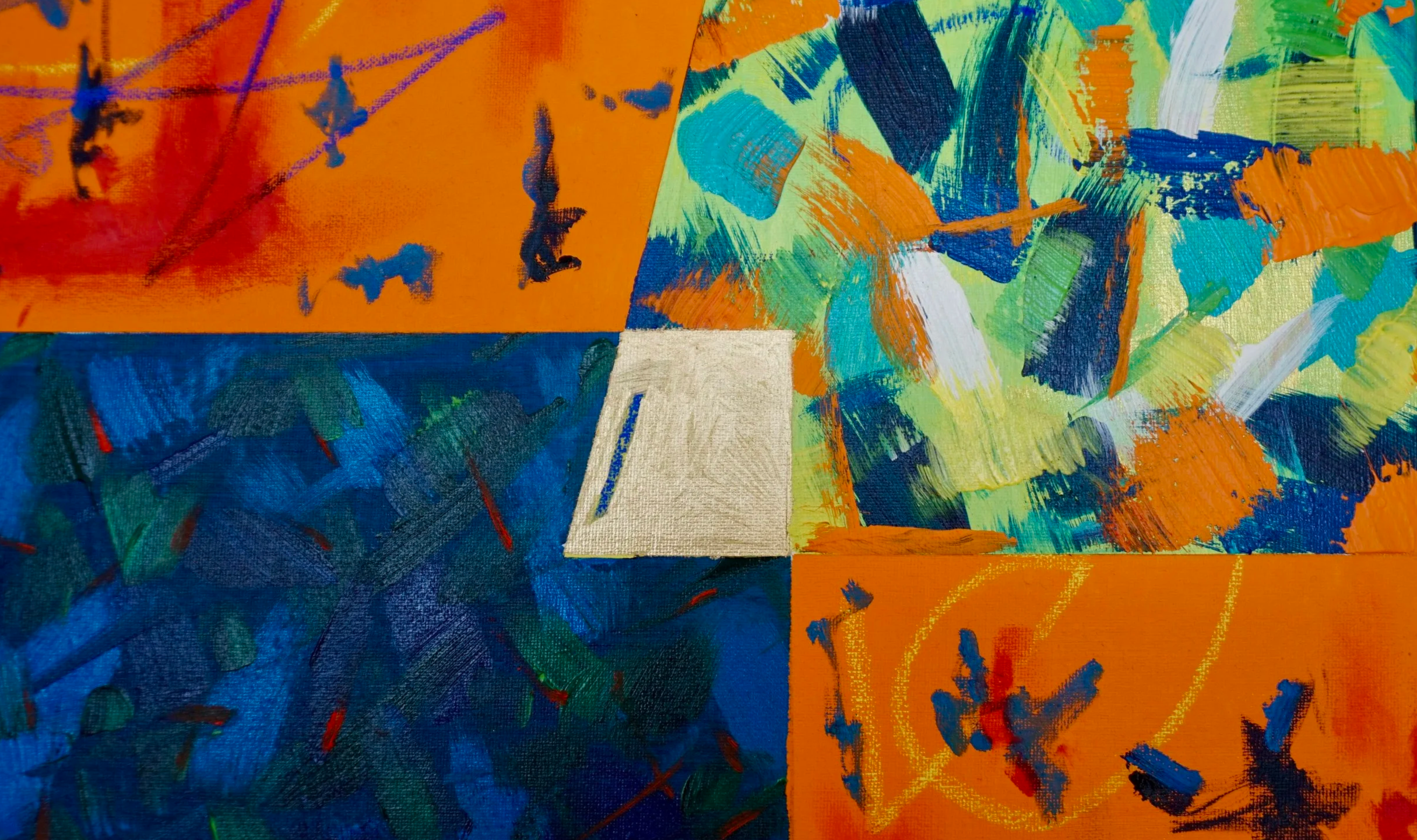 Close-up photo of an abstract colorful painting with bold strokes and patches of blue, green, orange, and white.