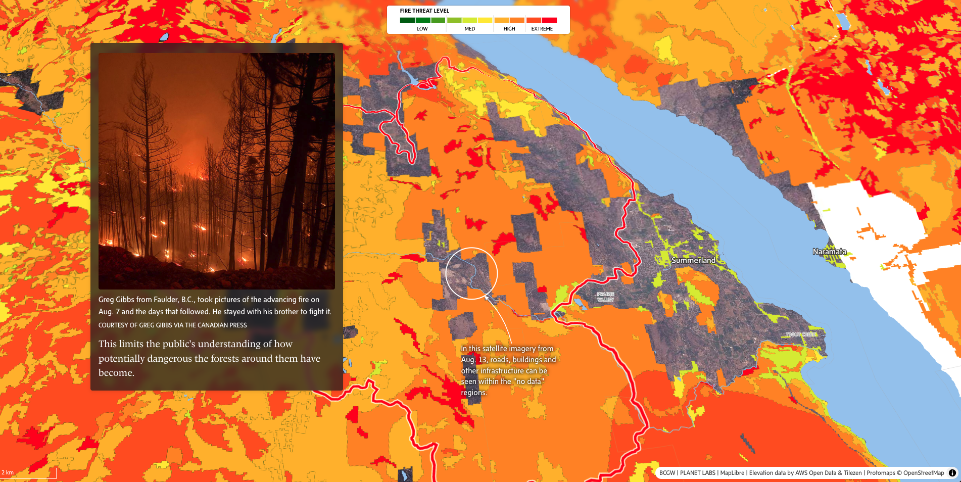 Maps show the wildfire hazard across provincial landscapes, but they include significant gaps near areas called the wildland-urban interface. The maps do not cover privately managed forest land or private properties where most people live.