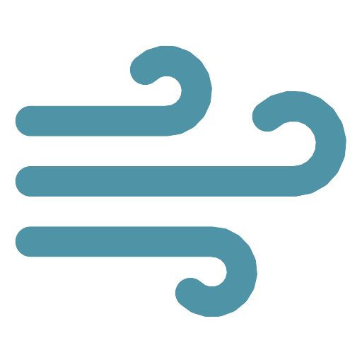 Stylized blue wind symbol with three curved lines representing wind.