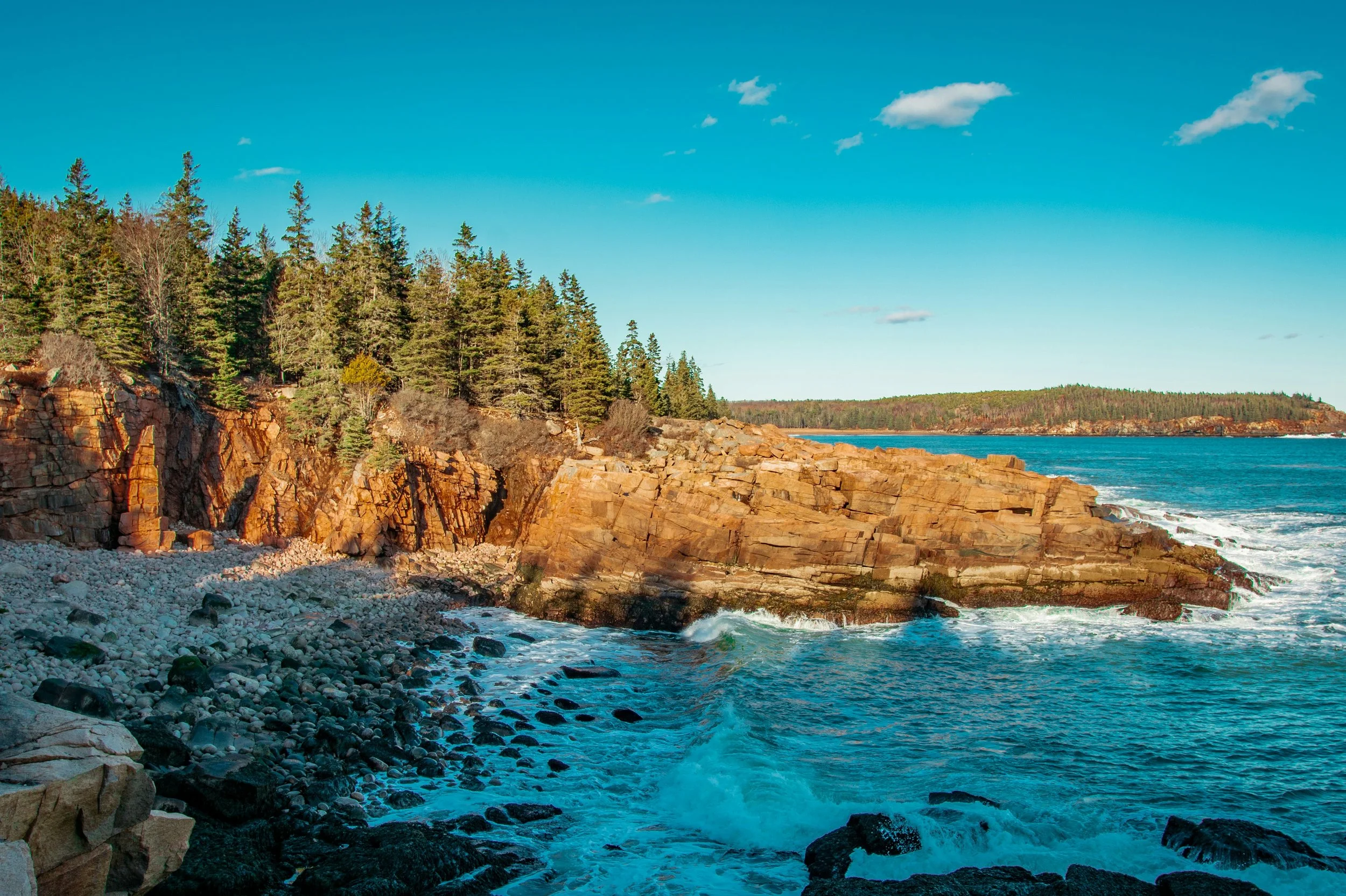 Coastal scene with rocky cliffs, evergreen trees, and blue ocean waters under a clear sky with a few clouds.