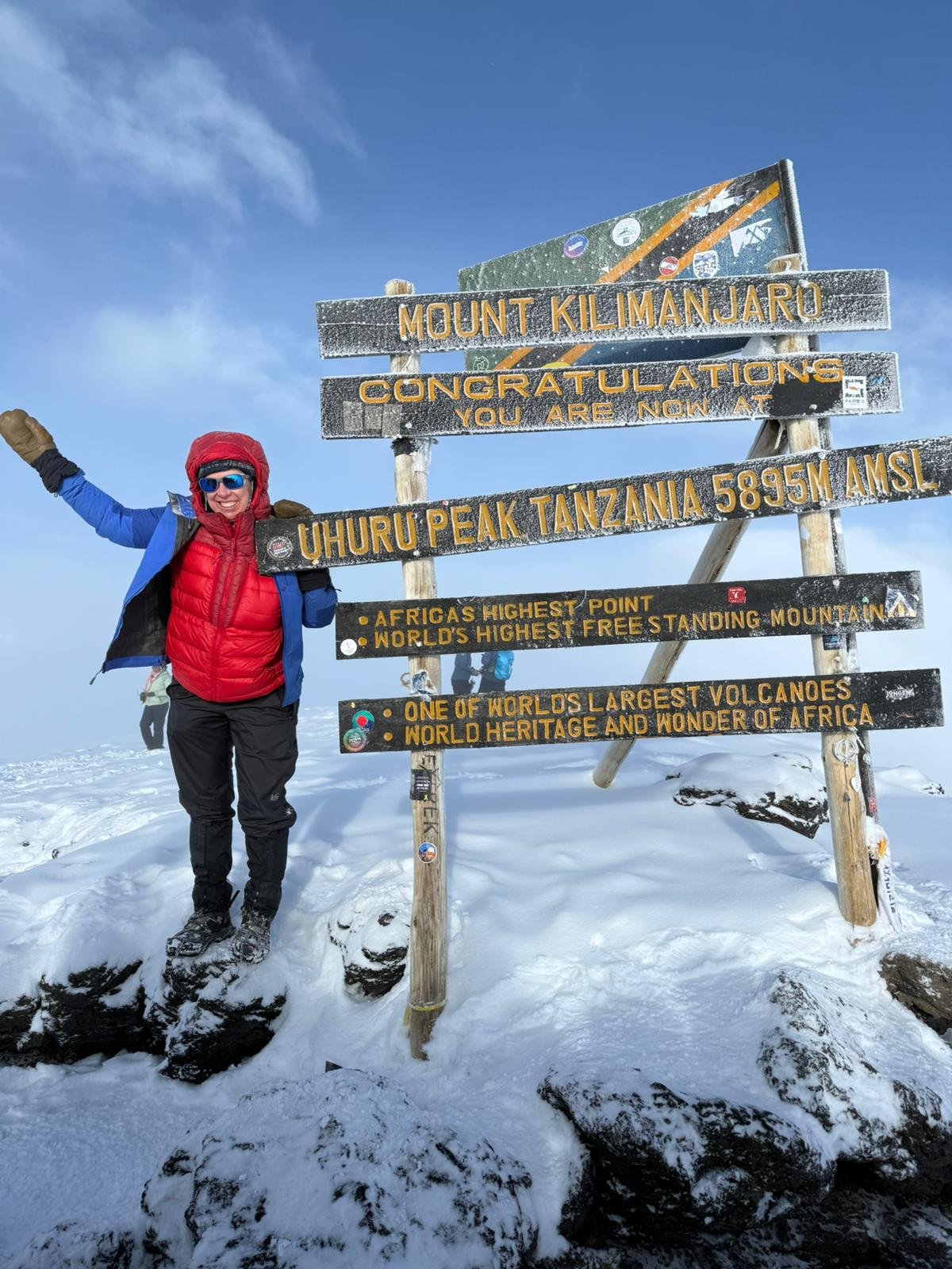 Person in winter gear standing next to a snow-covered sign at Mount Kilimanjaro, celebrating reaching the summit at 5895 meters, with a blue sky and other climbers in the background.