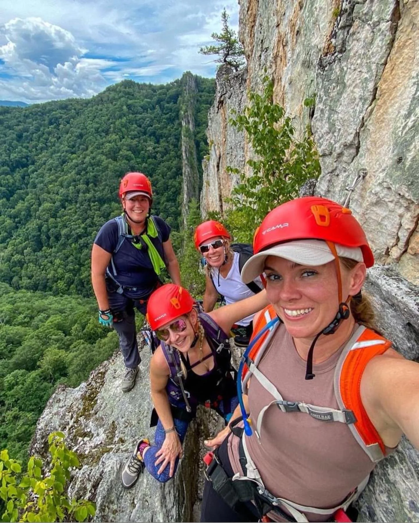 Group of five women rock climbing on a steep mountain edge in a forested landscape with a cloudy sky.