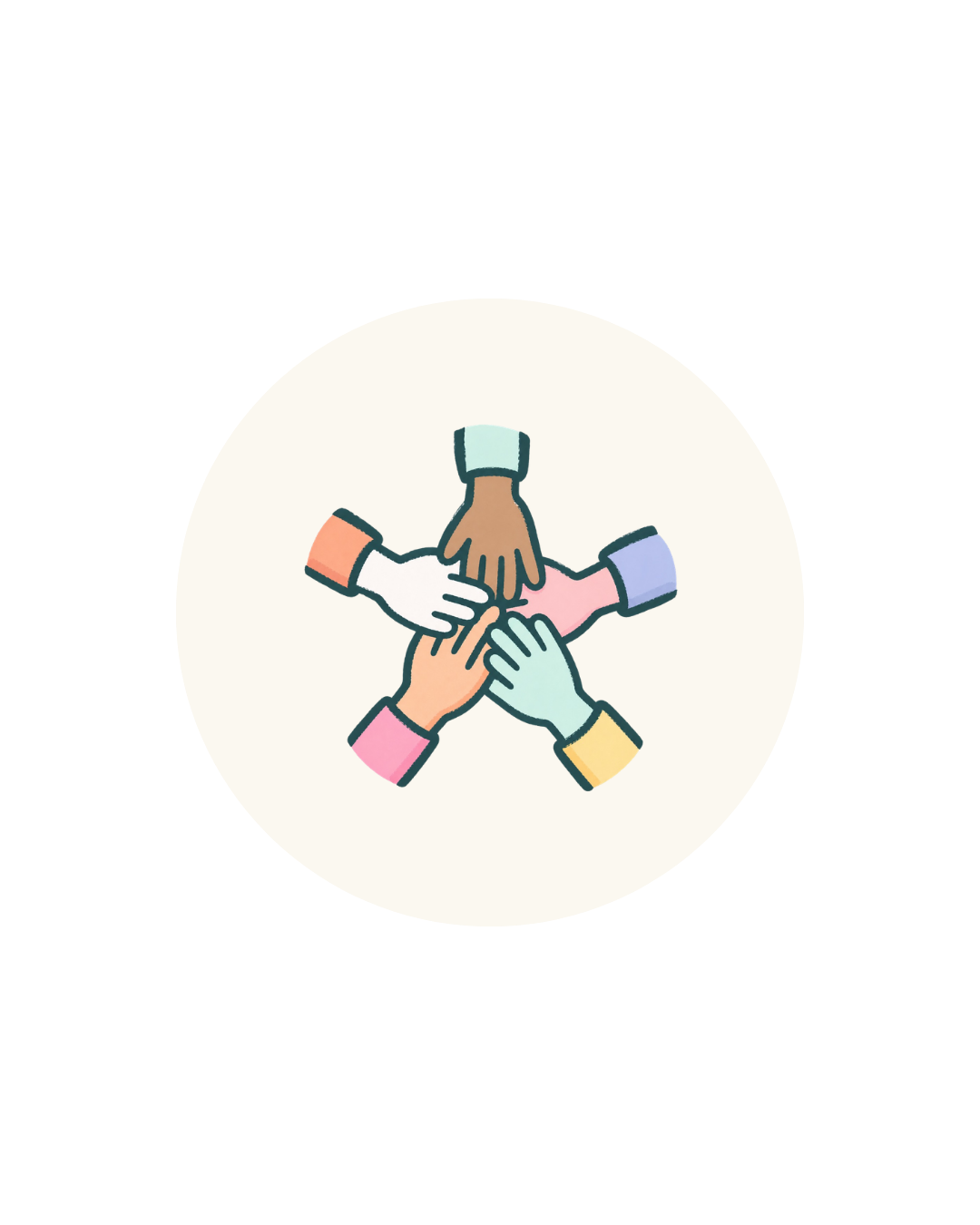 Illustration of five diverse hands stacking together in a circle, symbolizing teamwork and collaboration.