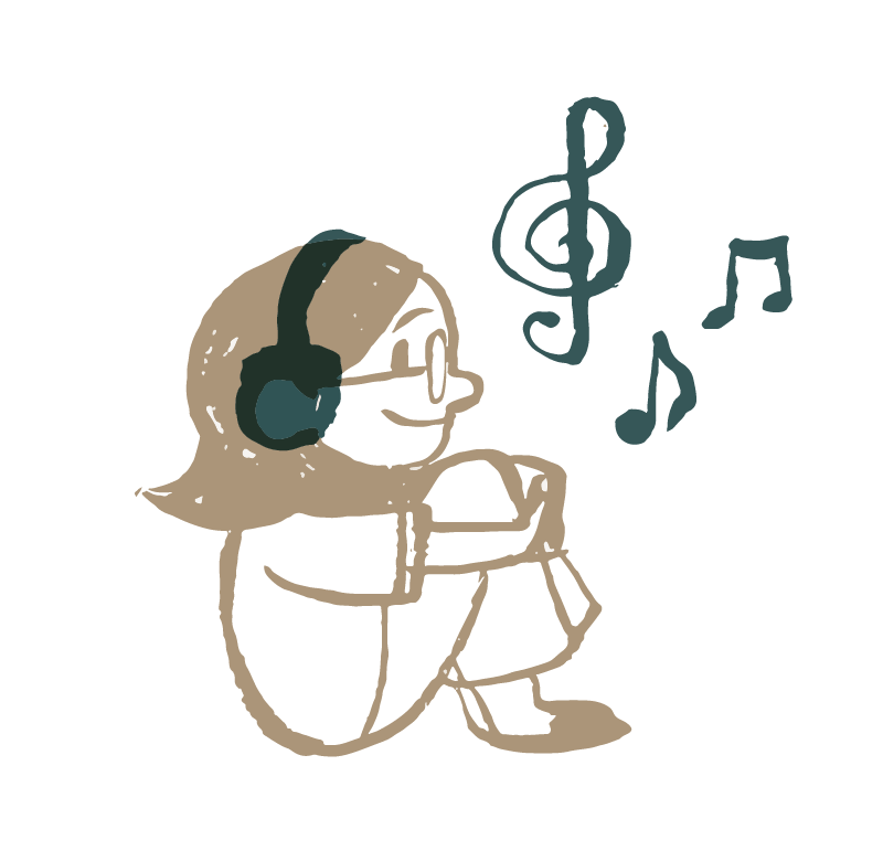 A cartoon girl with glasses sitting cross-legged, wearing large headphones, listening to music with musical notes and a treble clef around her.
