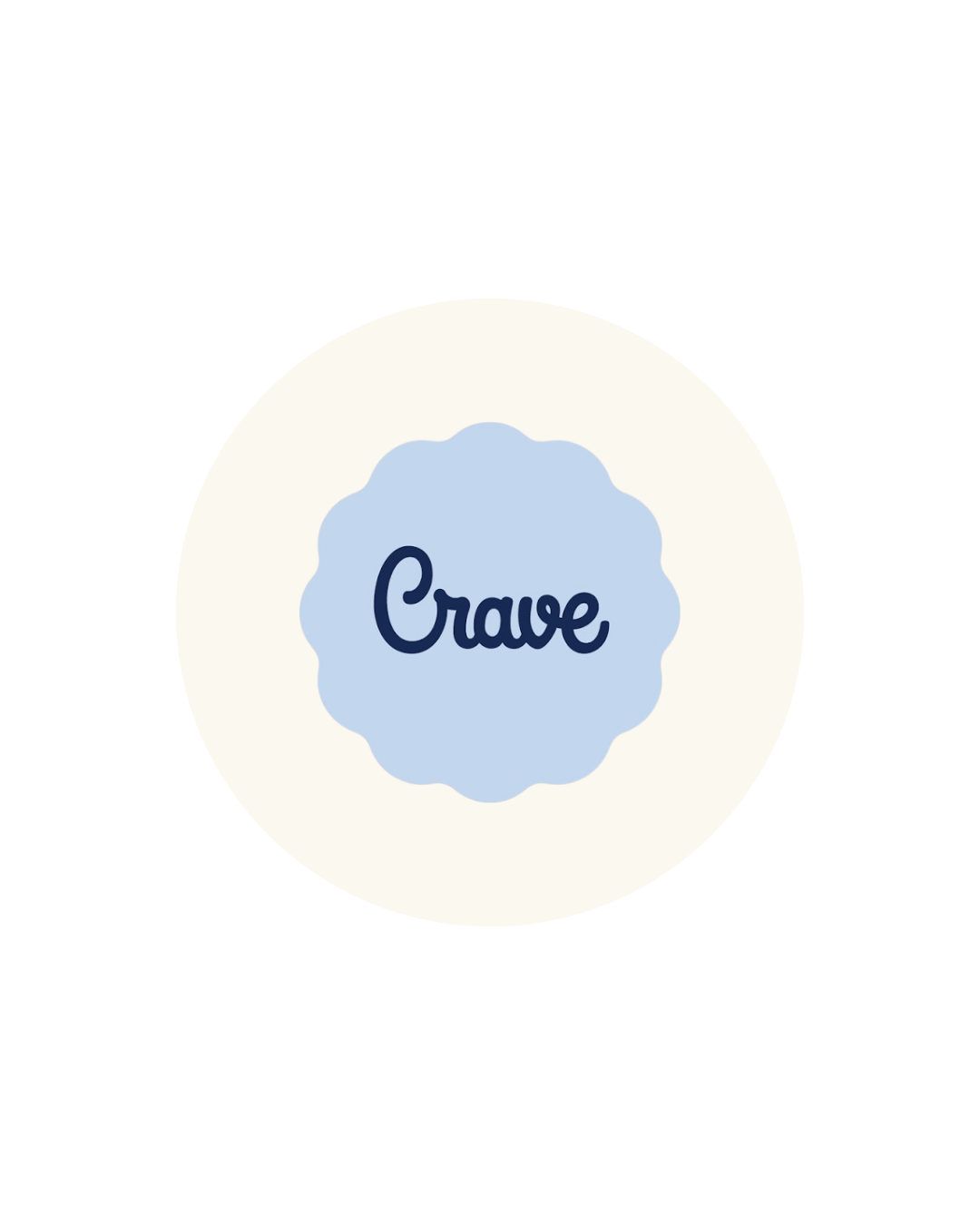 Close-up of a white container with a light blue circular label that says 'Crave.'