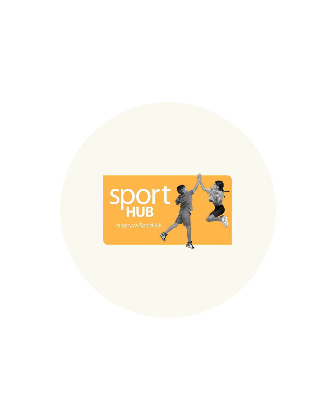Logo for Calgary Sport Hub with two children giving a high five in front of the logo.