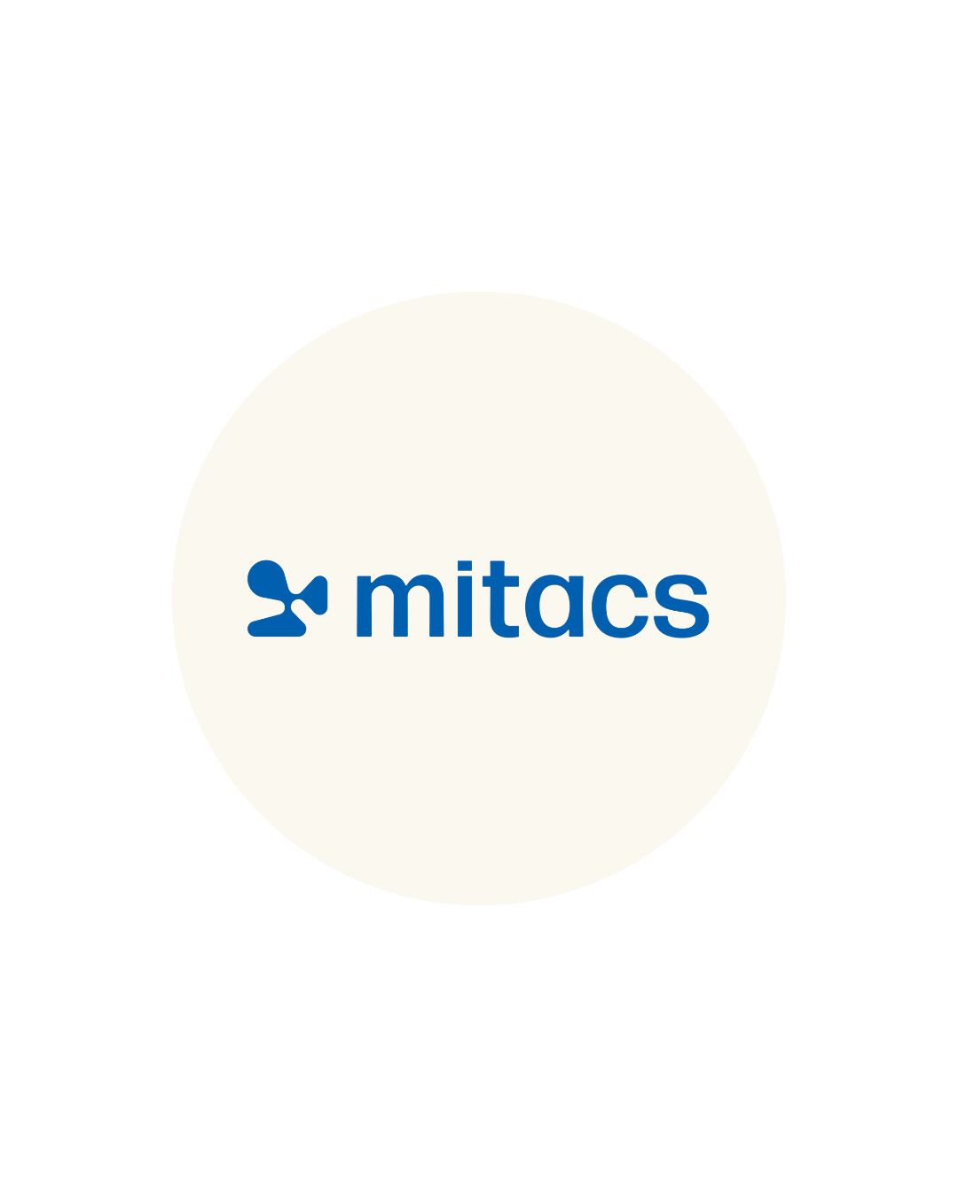 Mitacs logo with a dark background and a white circular center containing the blue Mitacs text and icon.