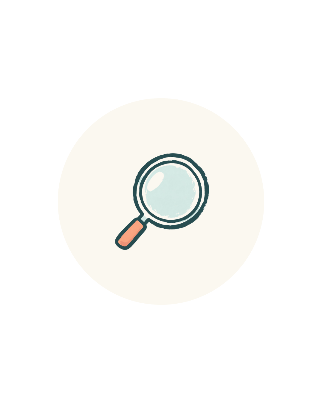 Illustration of a magnifying glass with a blue lens and orange handle.