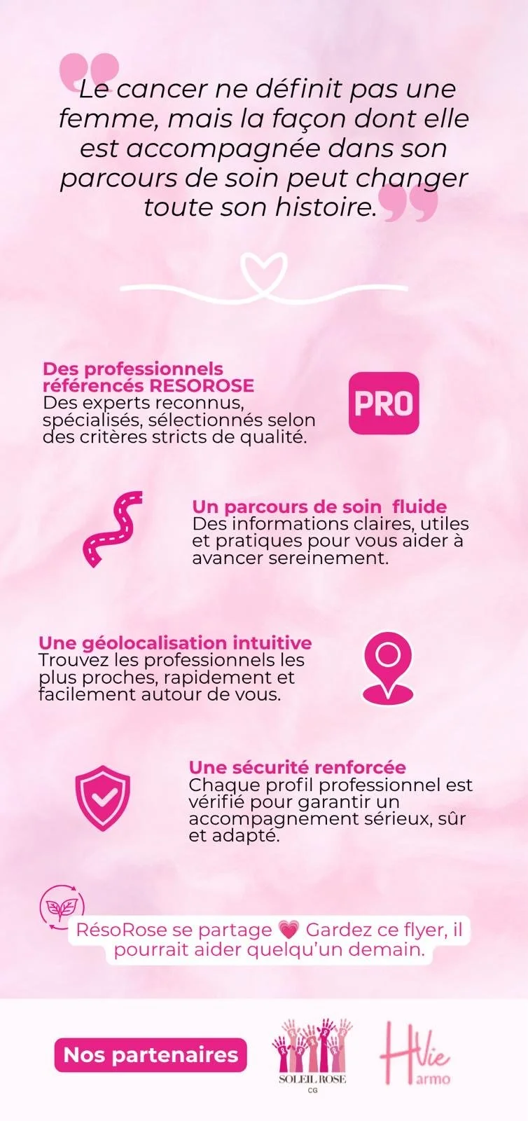 Une affiche rose avec un message inspirant sur le cancer, mentionnant l'importance du parcours de soins, la géolocalisation, la sécurité, et la partage, avec des icônes et logos liés à la santé et la solidarité.