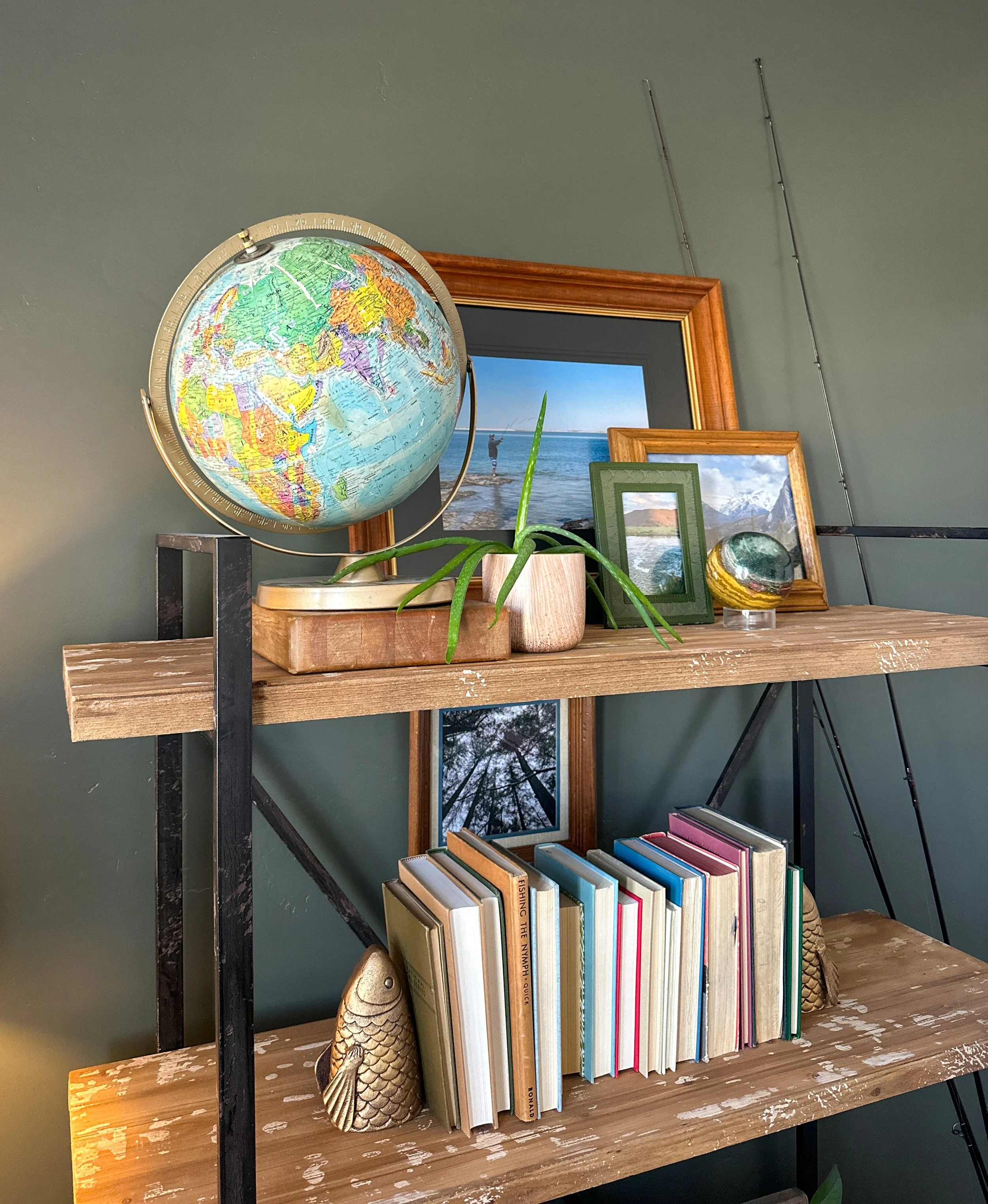 A wooden bookshelf with a globe on top, several framed photographs, a green plant, colorful books, and decorative fish sculptures, set against a dark green wall with two fishing rods mounted.