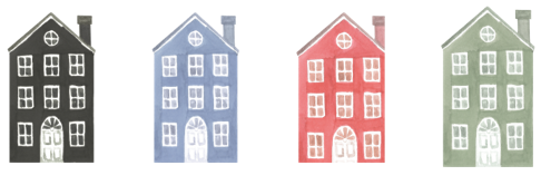 Tausha Hoyt Design logo. Five colorful house illustrations in black, blue, red, pink, and green displayed in a row.