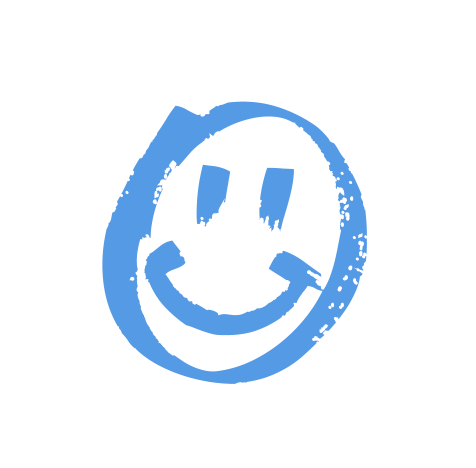 A blue, spray-painted smiley face with double quotation marks for eyes and a curved line for a mouth, on a black background.