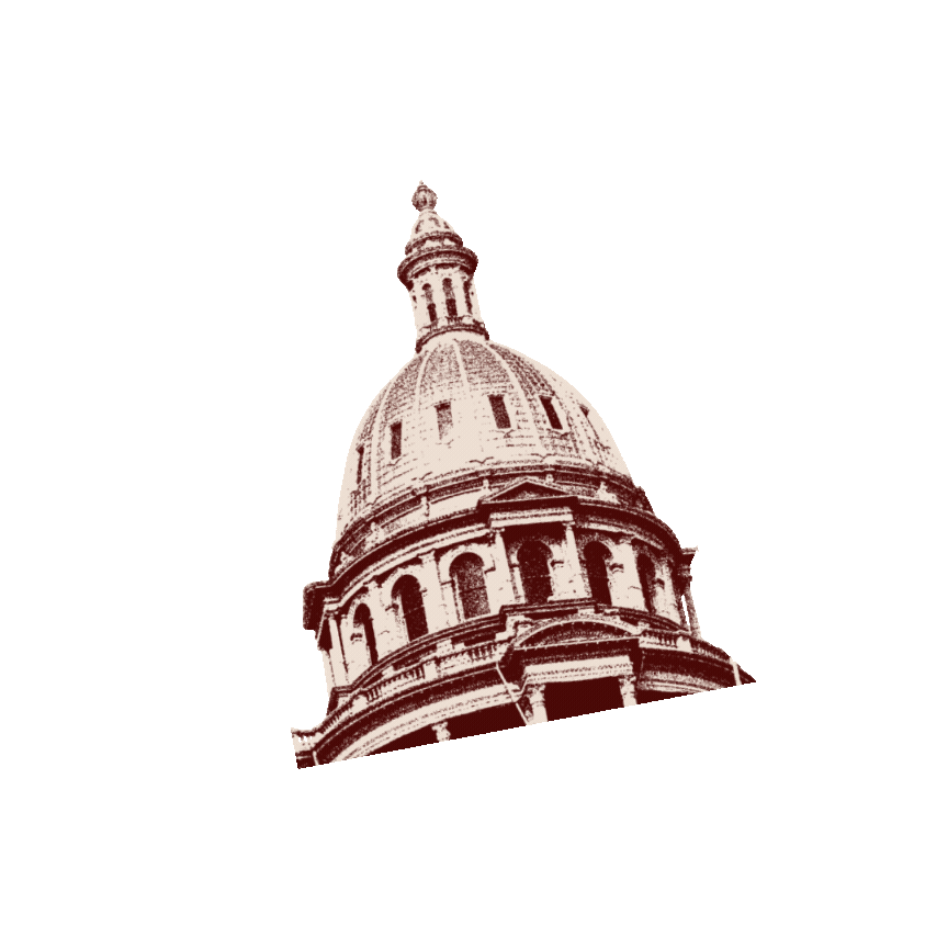 Illustration of the top part of the dome of the Colorado state Capitol building, with arrows pointing multiple directions
