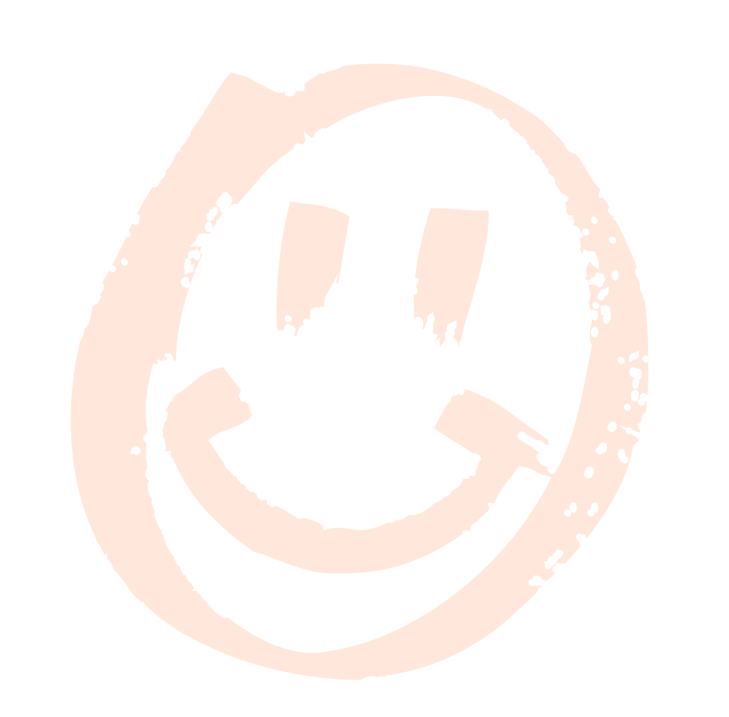 An ivory, spray-painted smiley face with double quotation marks for eyes and a curved line for a mouth, on a black background.