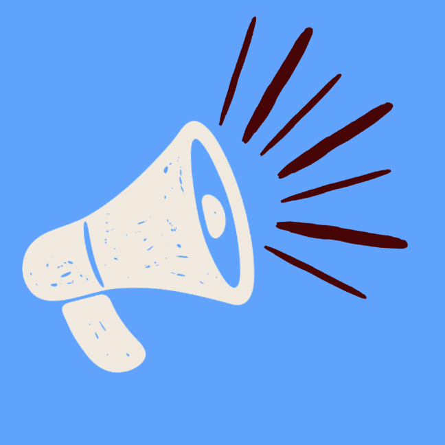 Illustration of a white megaphone with brown sound lines emanating from it on a blue background.