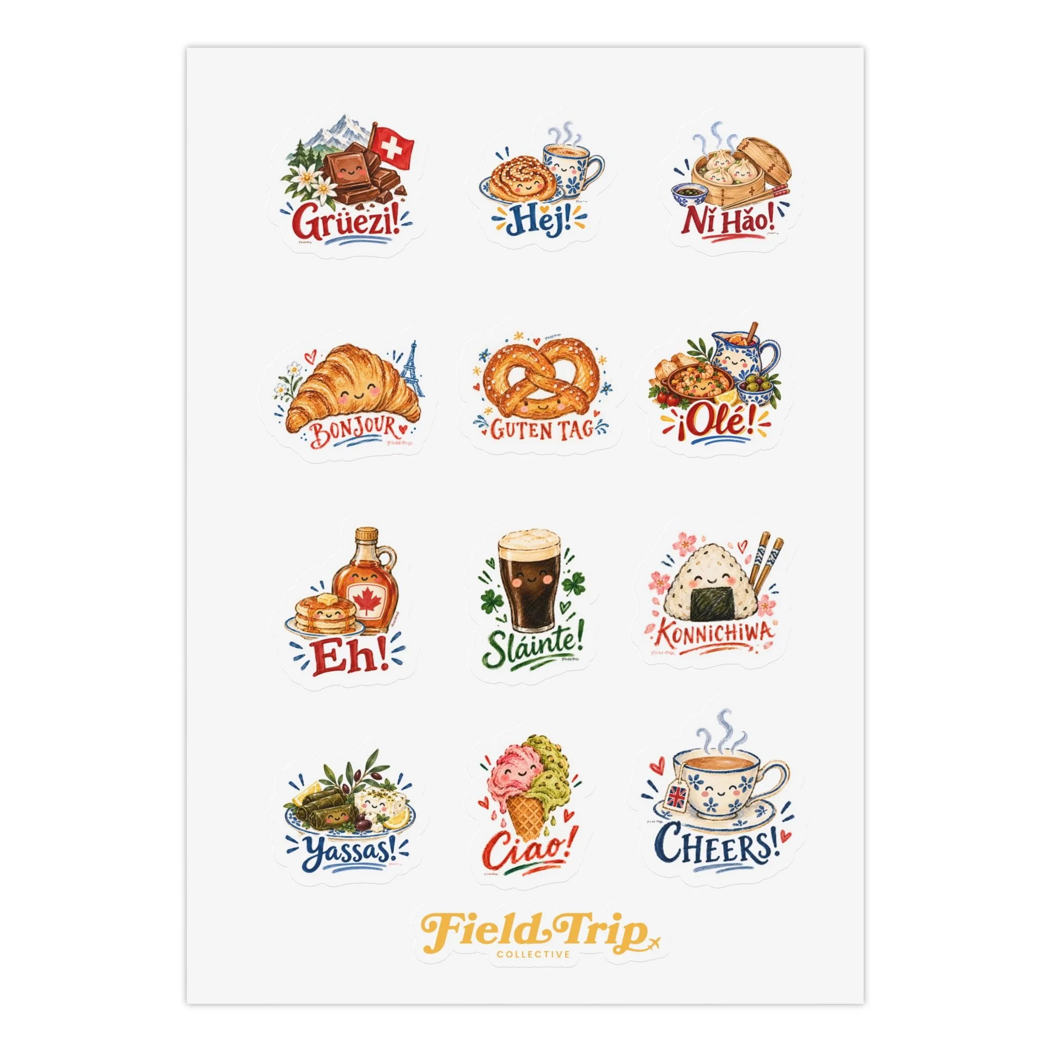 Multilingual Travel Snack Icons Sticker Sheet
