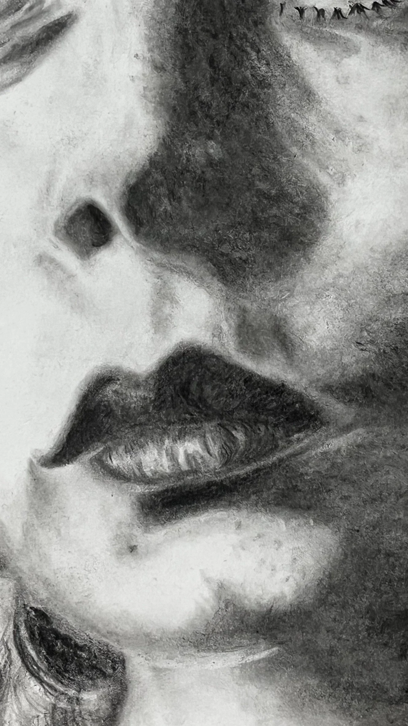Close-up of the lips, nose and layered graphite shading in Where Time Falls Quiet, original portrait by Virginie Bergar.