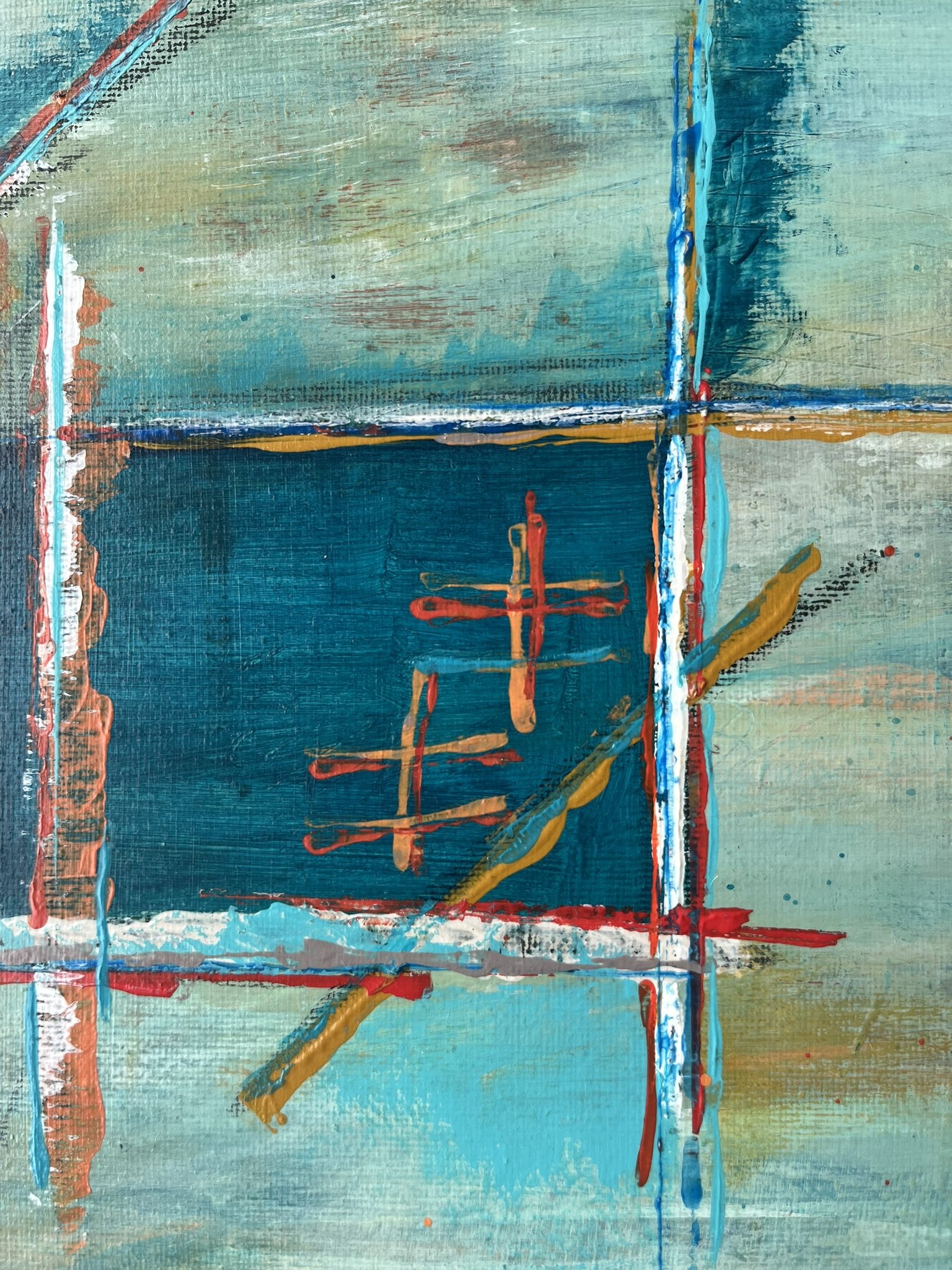 Detail of turquoise, red and white linear marks in Harbour Industry, showing the layered acrylic texture of the original painting.