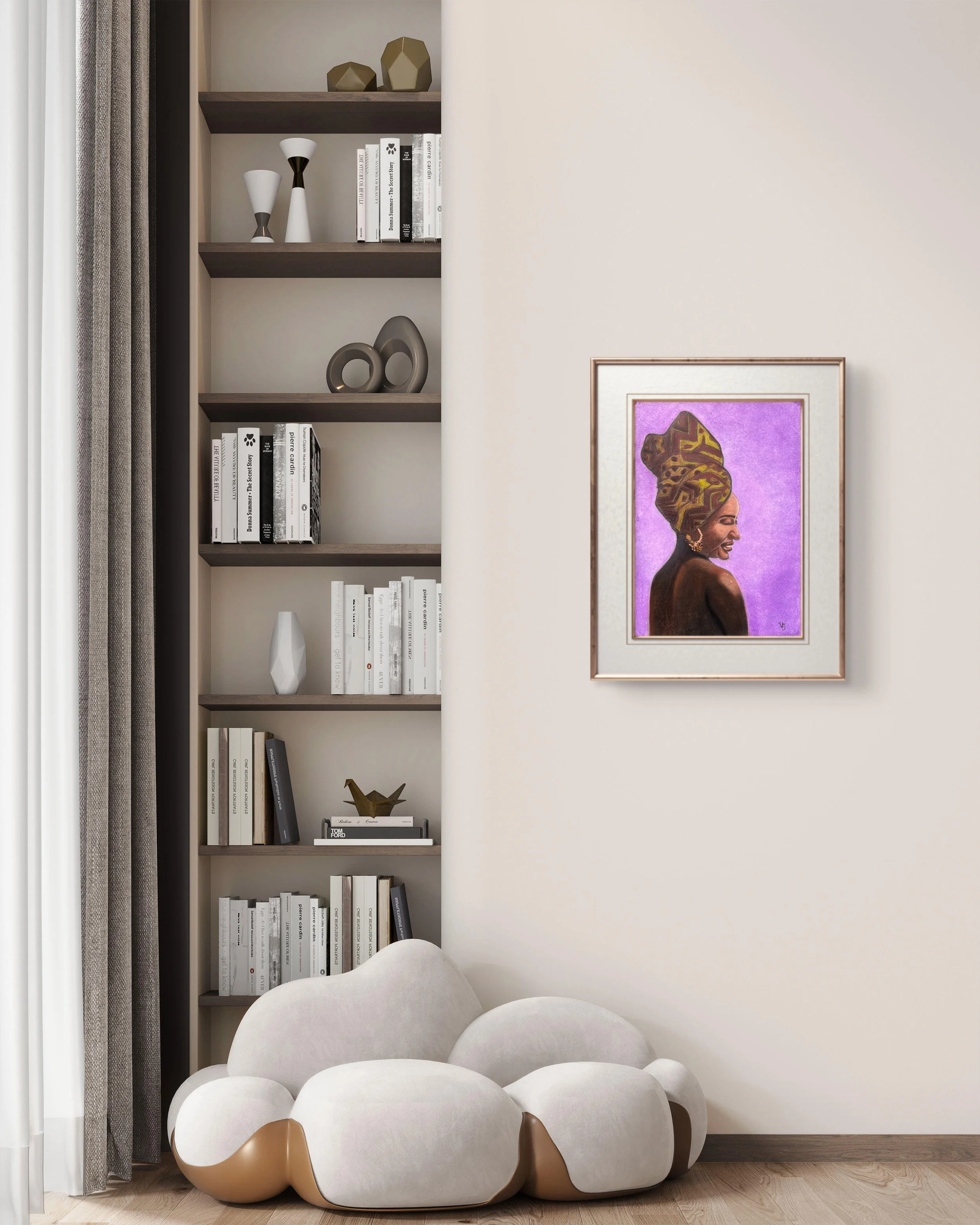 Woman of Ivory and Ebony by Virginie Bergar displayed in a warm contemporary living room with sculptural seating and built-in bookshelves