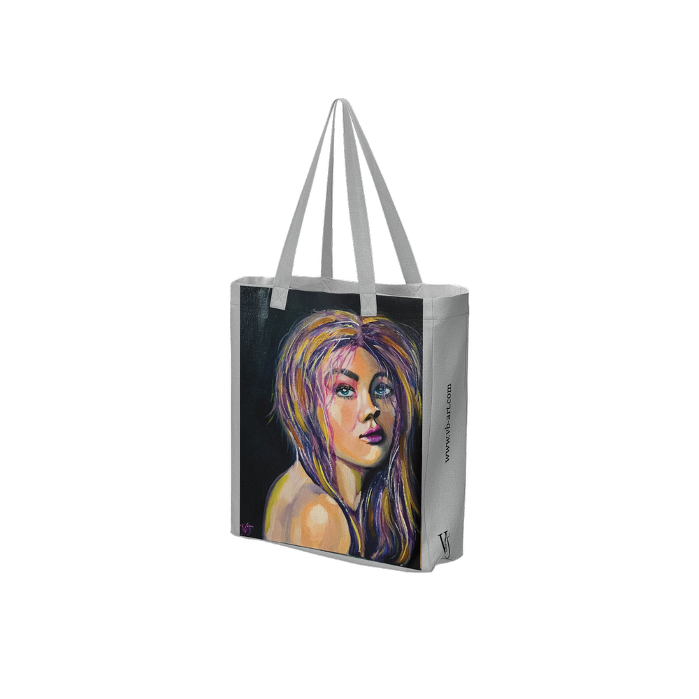 3/4 view of a contemporary off white art tote bag from an original artwork representing a woman with colorful hair. design by Virginie Bergar | VB-Arts