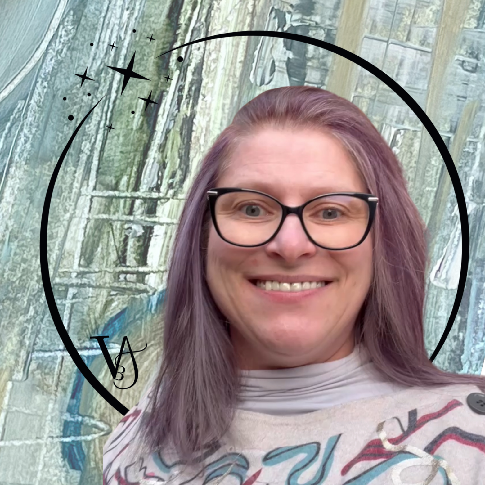 portrait of the french artist Virginie Bergar VB-Arts, wearing glasses and long purple. She is standing in front of one of her abstract original oil painting with green and white colors.