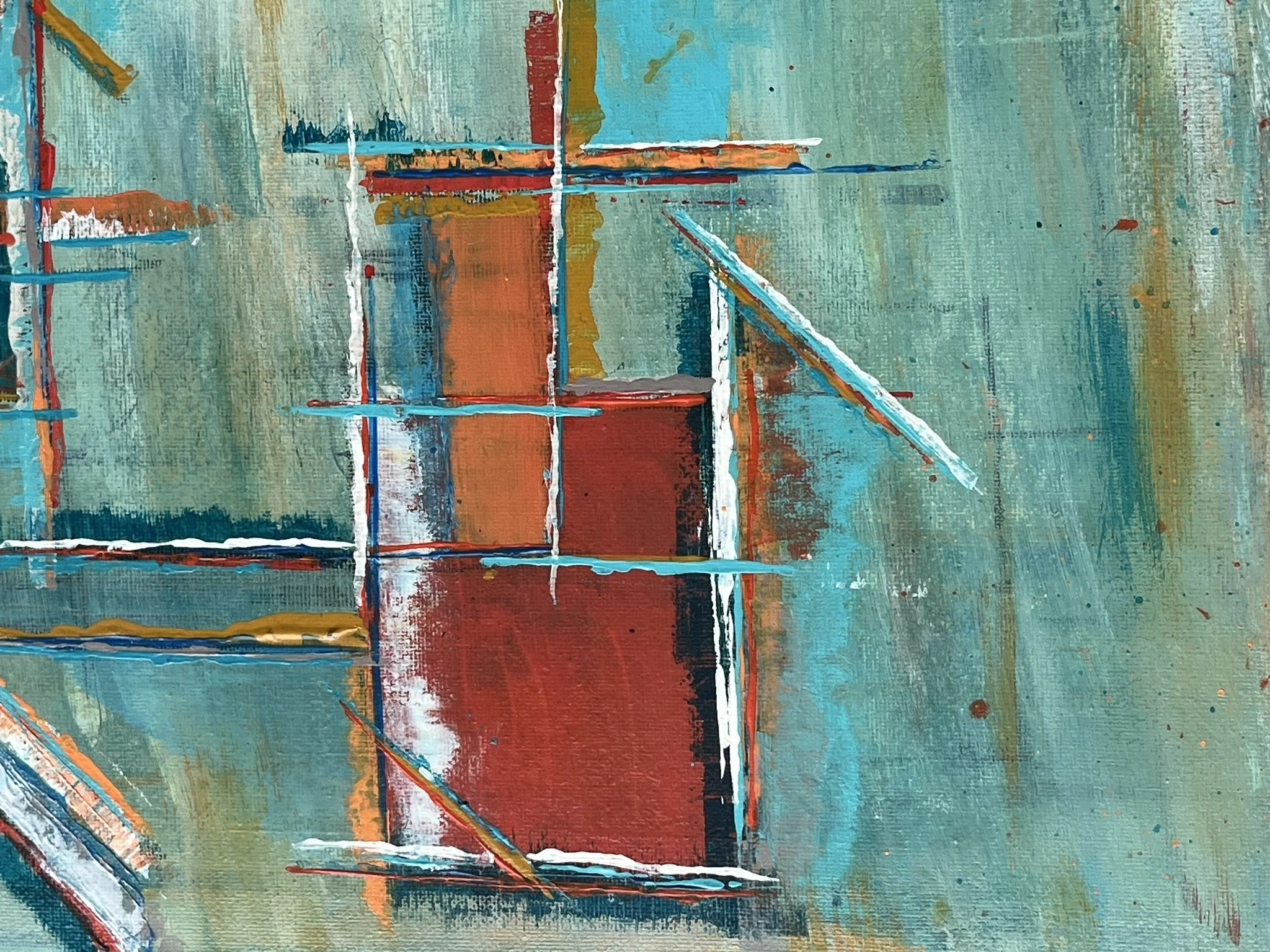 Close-up of geometric forms, layered acrylic texture and rust-orange accents in Harbour Industry by Virginie Bergar.