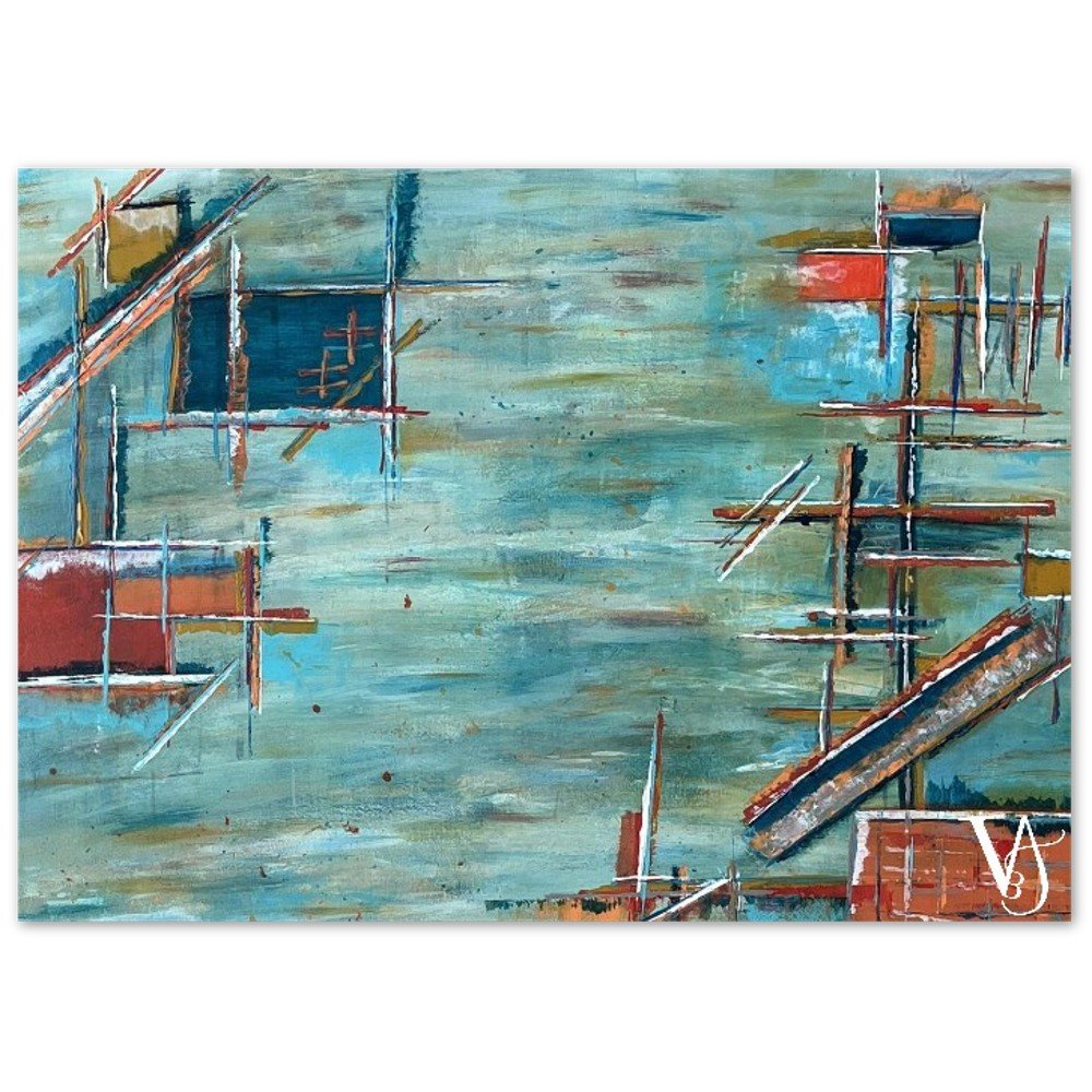 Inner Horizon artist-designed greeting cards shown from the front, with layered abstract compositions and expressive colour.