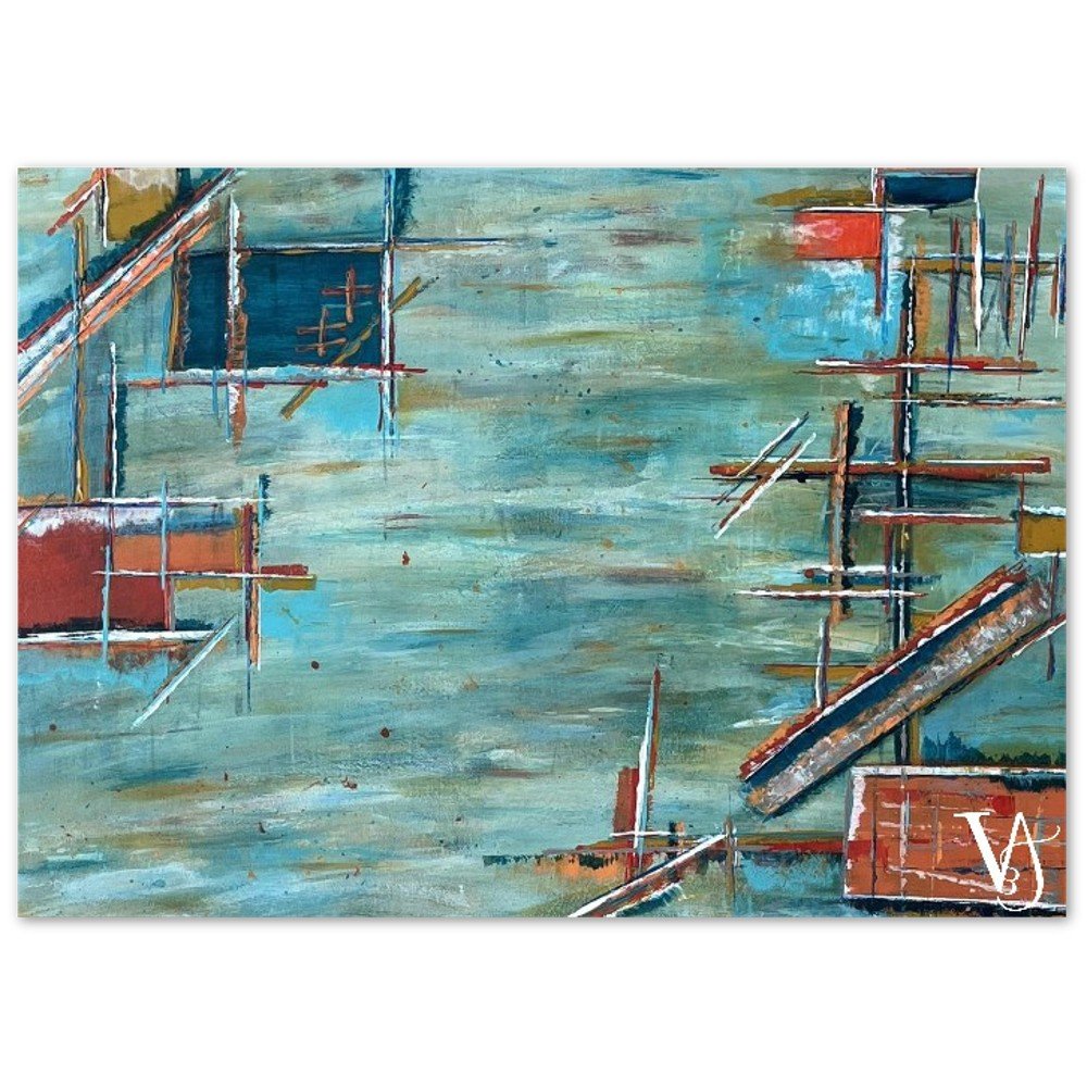 Inner Horizon artist-designed greeting cards shown from the front, with layered abstract compositions and expressive colour "Harbour Industry"