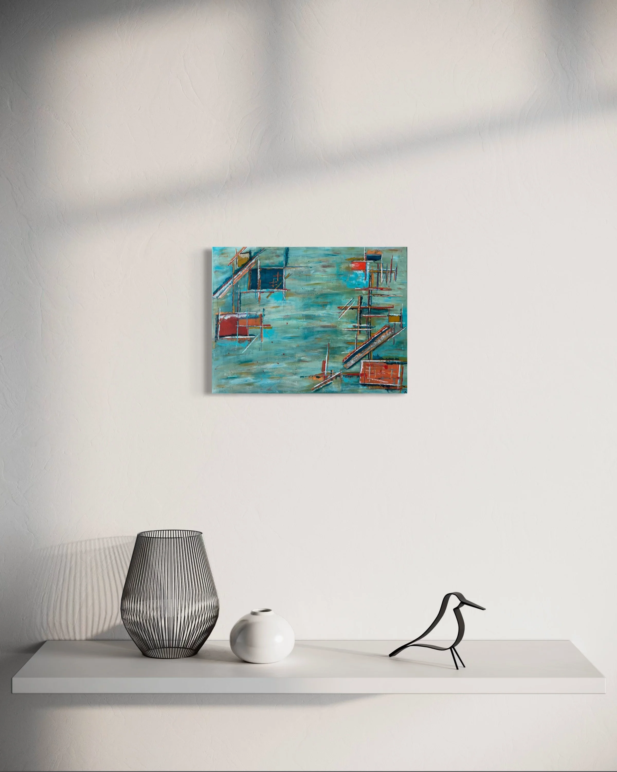 Harbour Industry giclée fine art print in 16 x 12 inch size displayed above a console in a minimalist interior