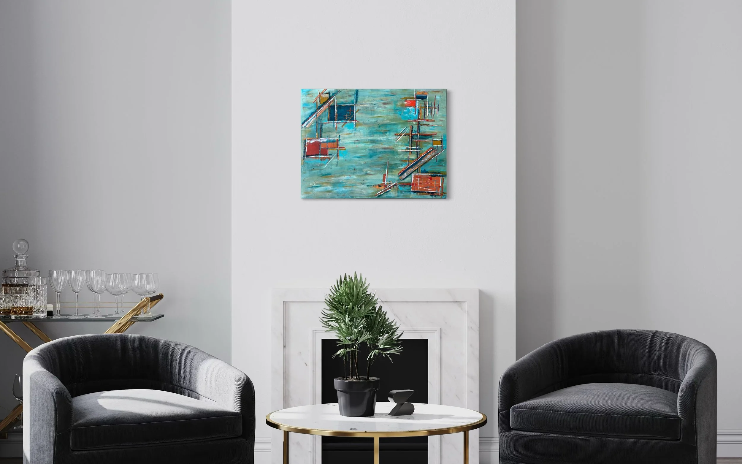 Harbour Industry giclée fine art print in 24x 18 inch size displayed in a contemporary living room...