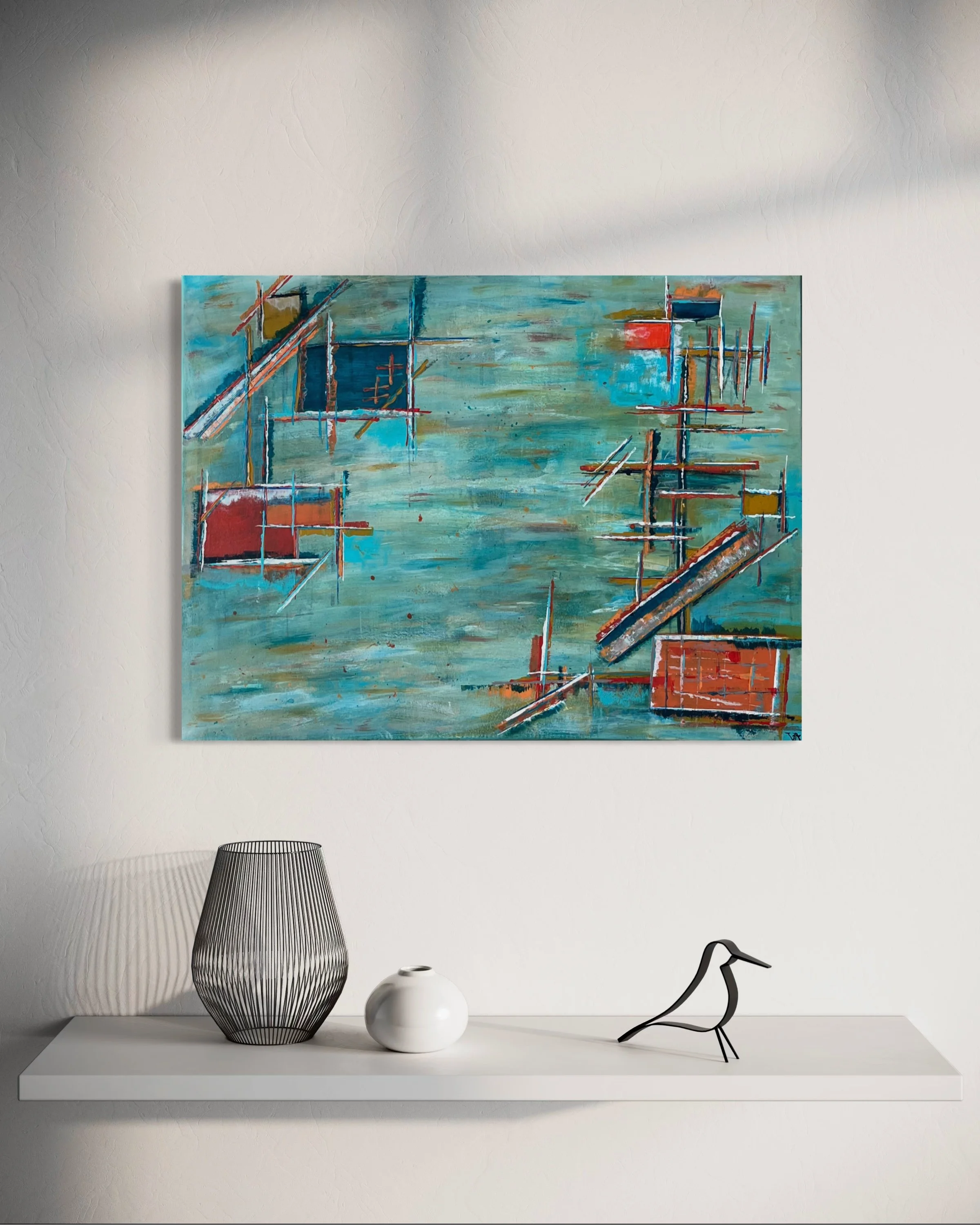 Harbour Industry giclée fine art print in 24x 32inch size displayed in a contemporary interior above a console..
