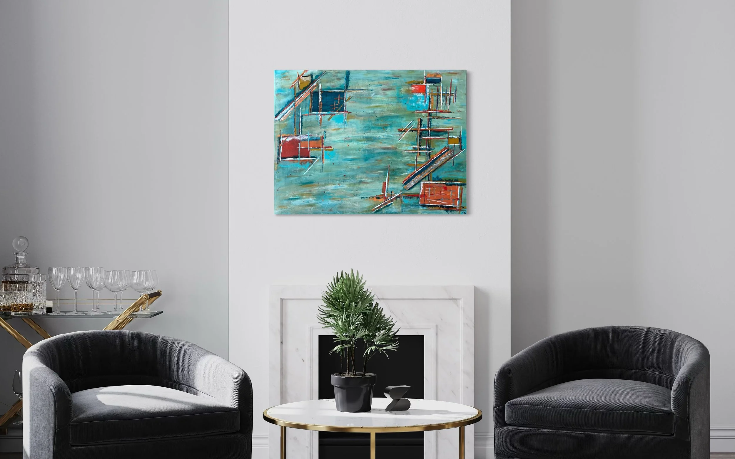 Harbour Industry giclée fine art print in 24x 32 inch size displayed in a contemporary living room.