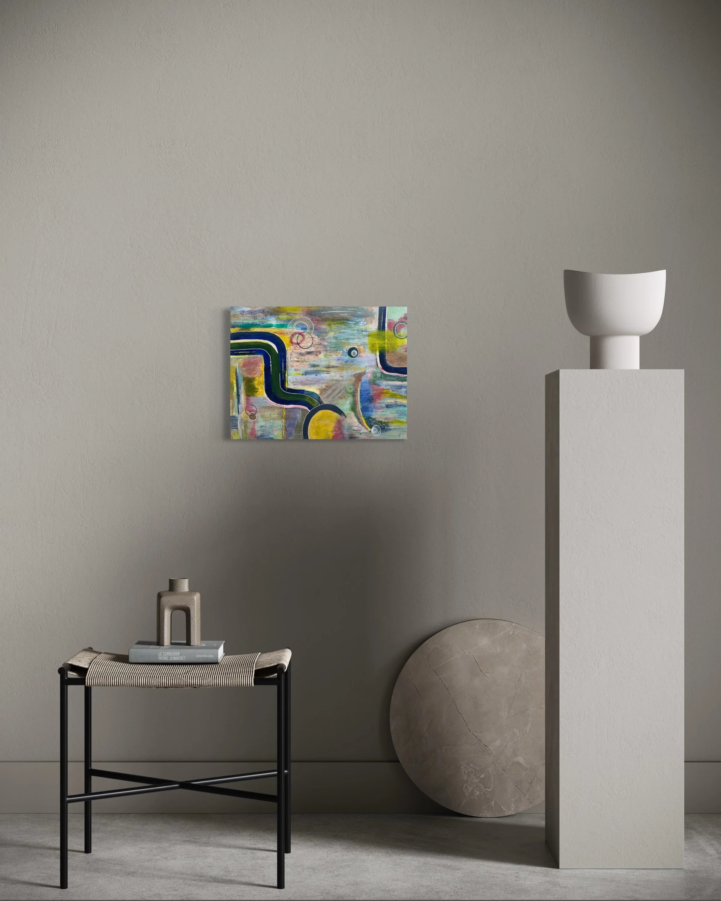 The Soul in Motion giclée fine art print in 12 x 16 inch size displayed in a minimalist sculptural interior.