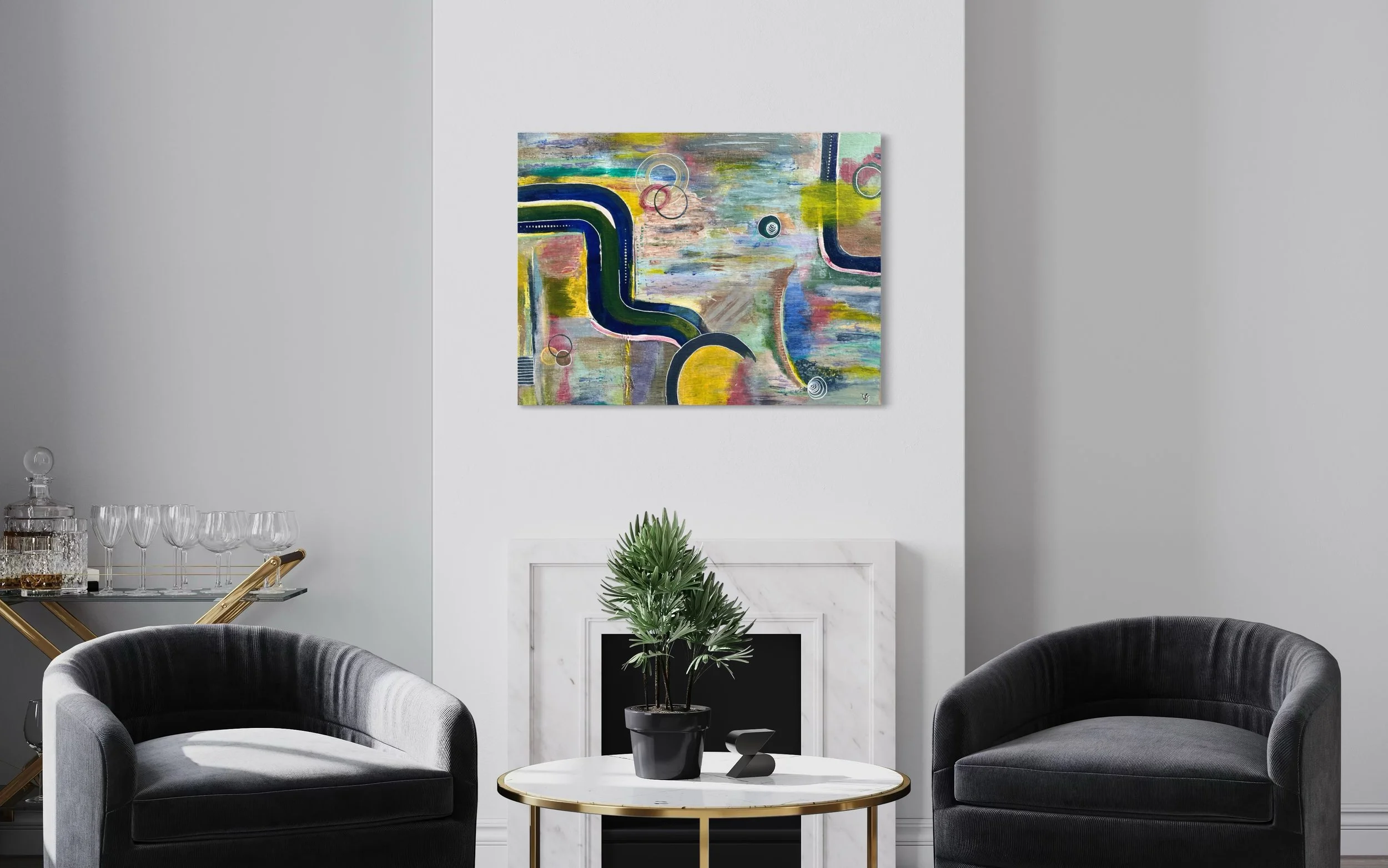 The Soul in Motion giclée fine art print in 24 x 32 inch size displayed in a contemporary living room.