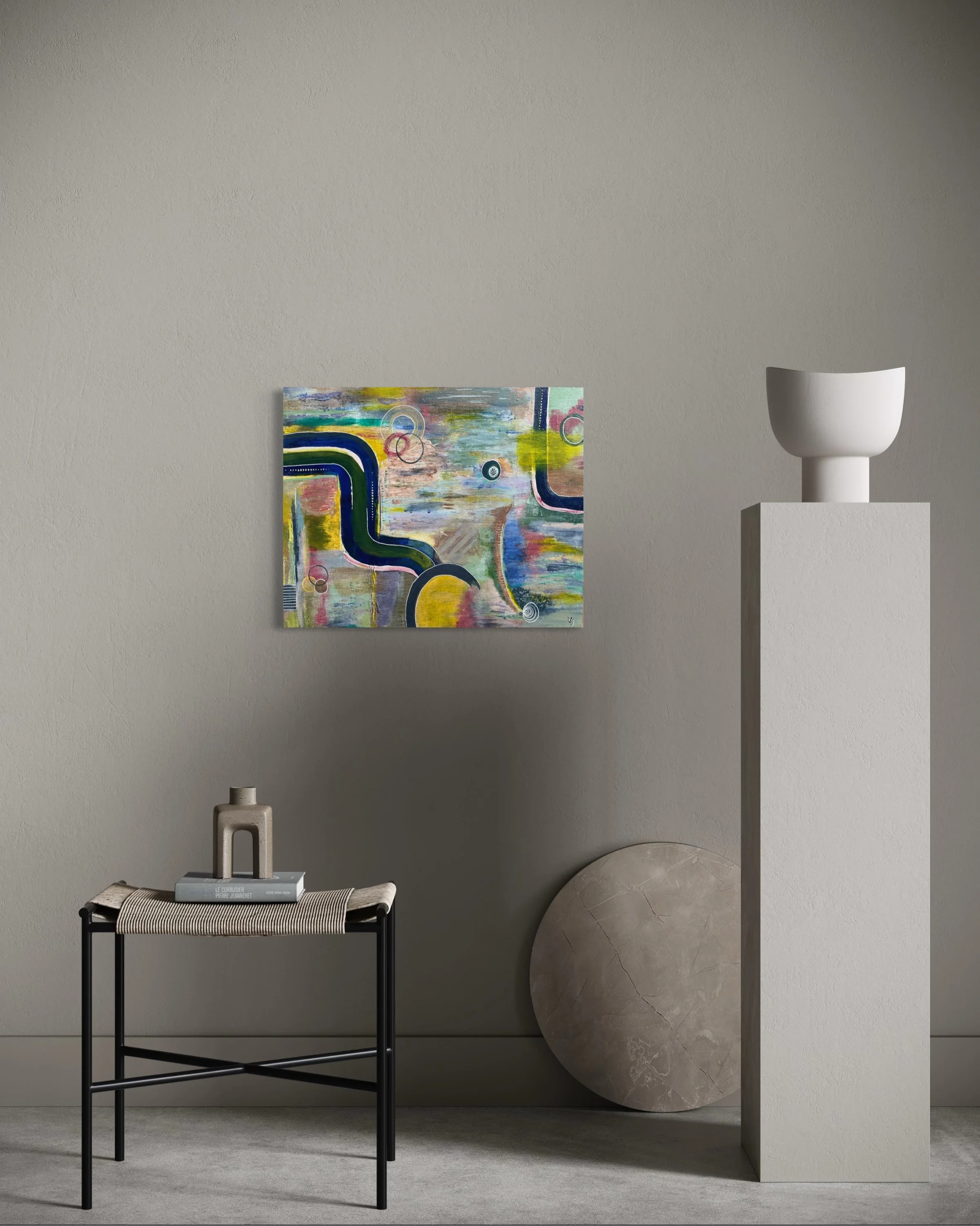 The Soul in Motion giclée fine art print in 16 x 20 inch size displayed in a minimalist sculptural interior.