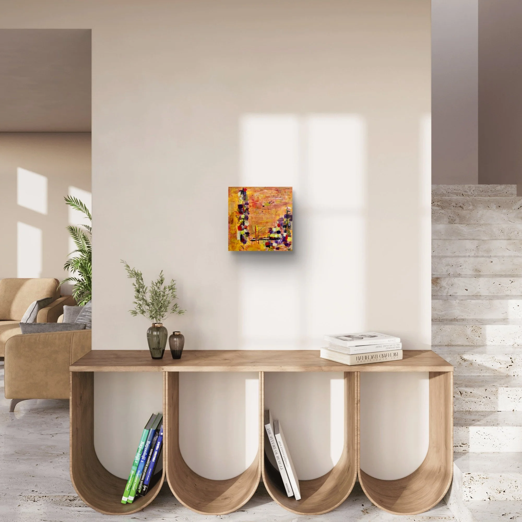 Incandescent Metamorphosis abstract fine art print by Virginie Bergar — 16x16 in displayed above a wooden console in a contemporary neutral interior