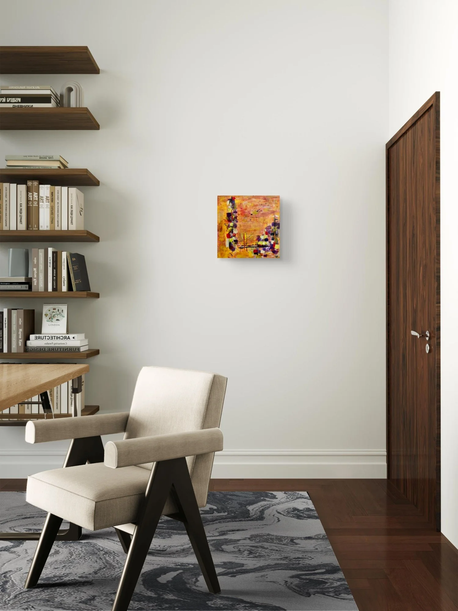 Incandescent Metamorphosis abstract fine art print by Virginie Bergar — 16 X 16 in displayed in a calm contemporary office or healing space