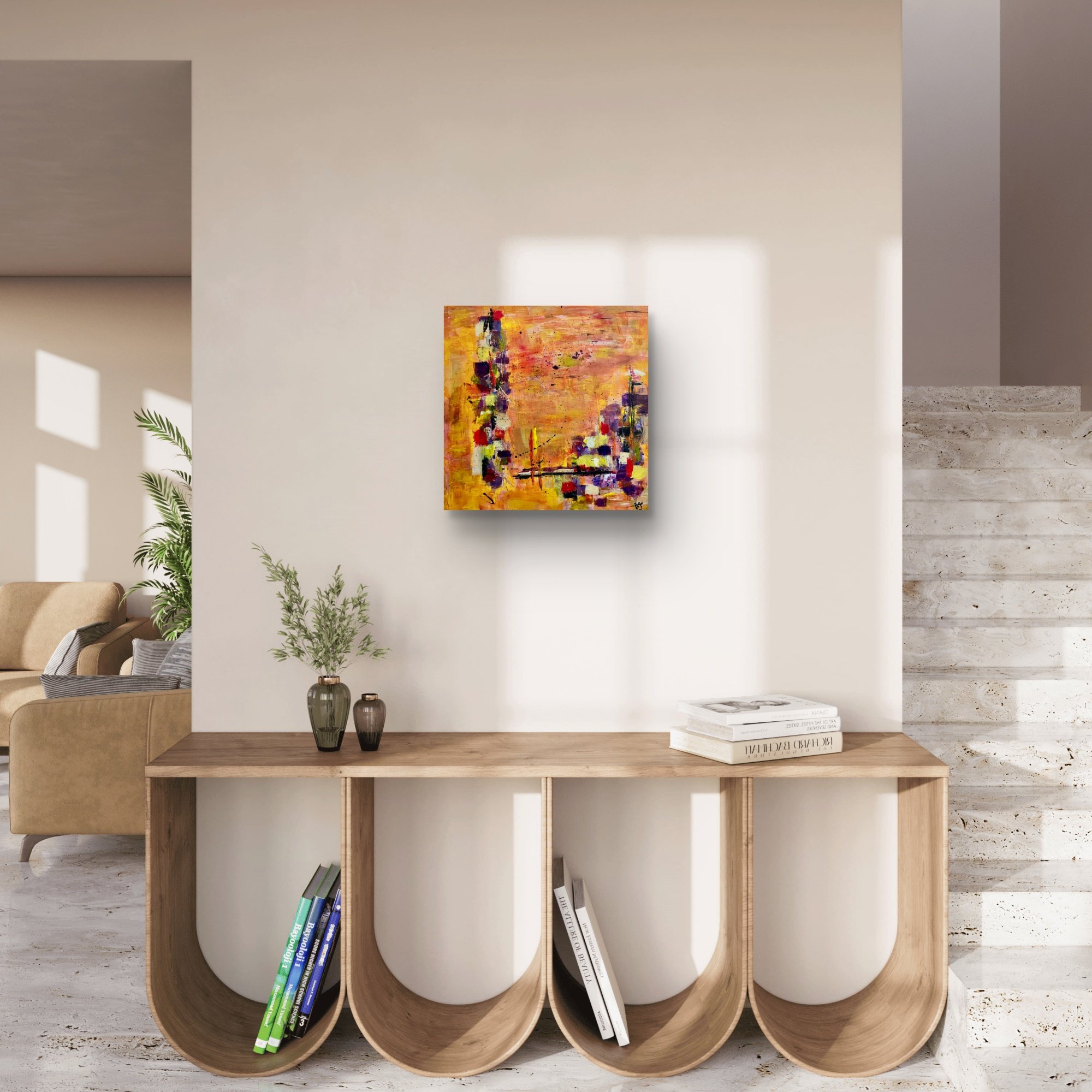 Incandescent Metamorphosis abstract fine art print by Virginie Bergar — 24 x 24 in displayed above a cream sofa in a warm contemporary living room