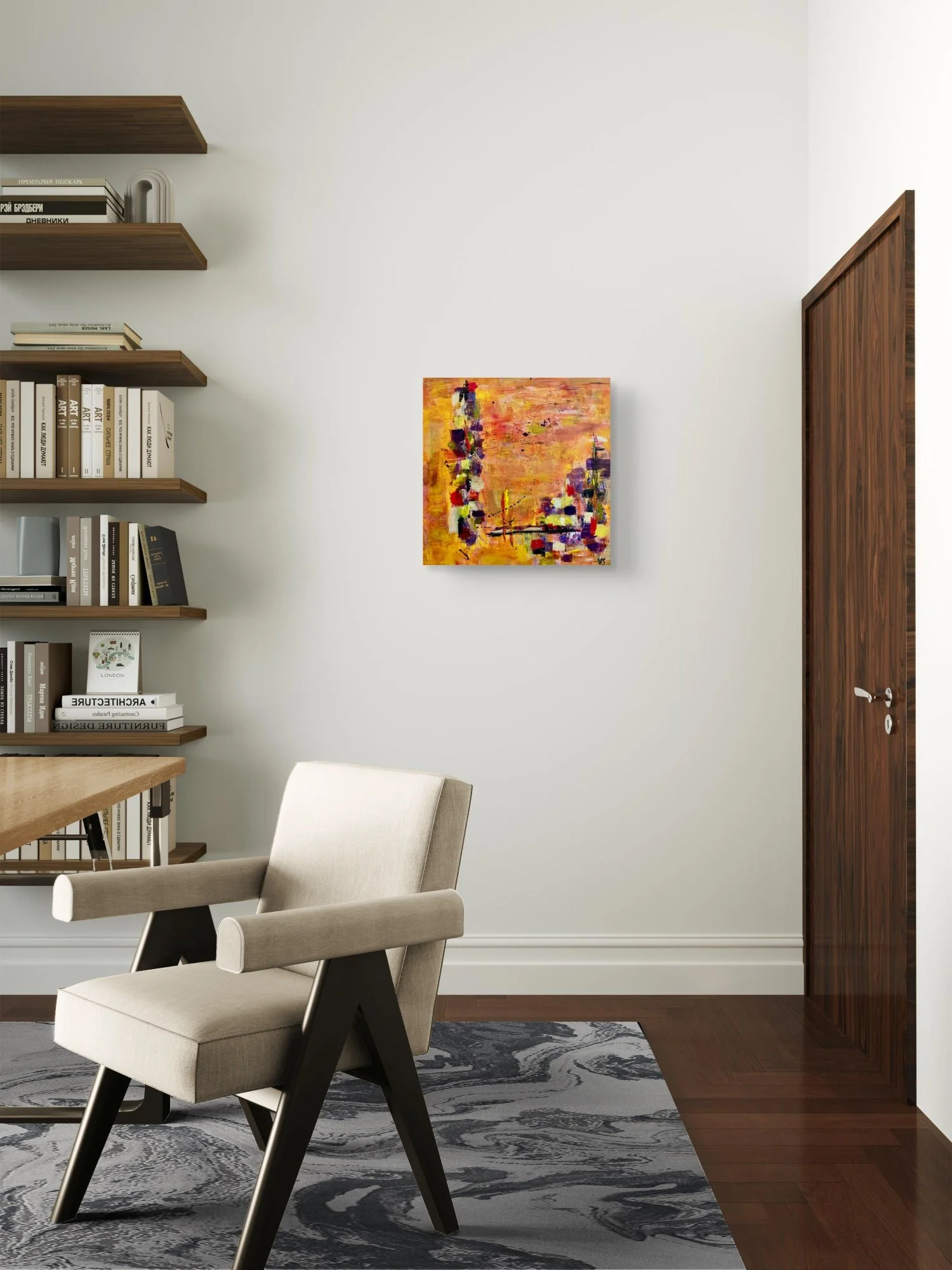 Incandescent Metamorphosis abstract fine art print by Virginie Bergar — 24 x 24 in displayed in a calm contemporary office or healing space
