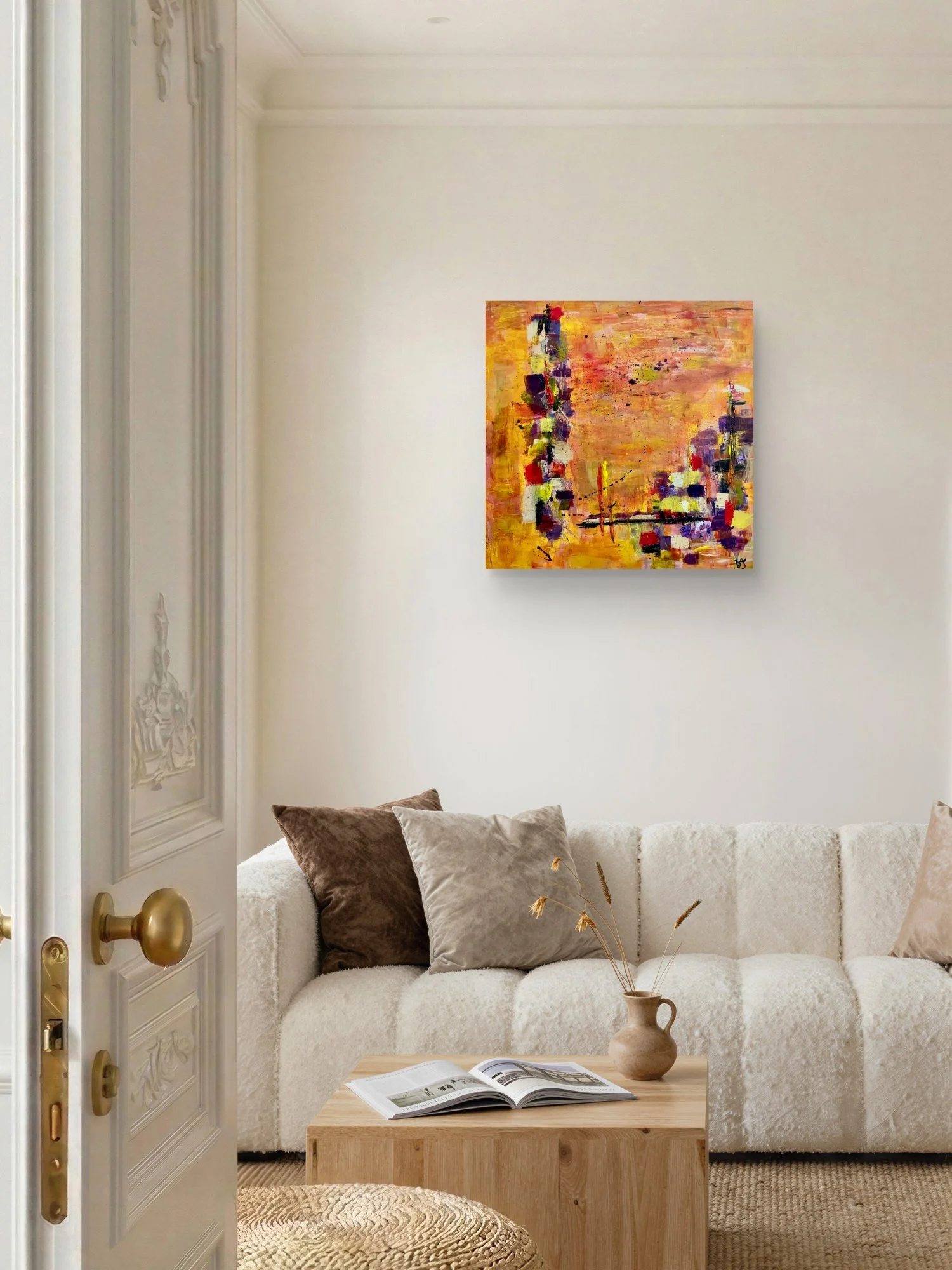 Incandescent Metamorphosis abstract fine art print by Virginie Bergar — 30 × 30 in displayed above a cream sofa in a warm contemporary living room