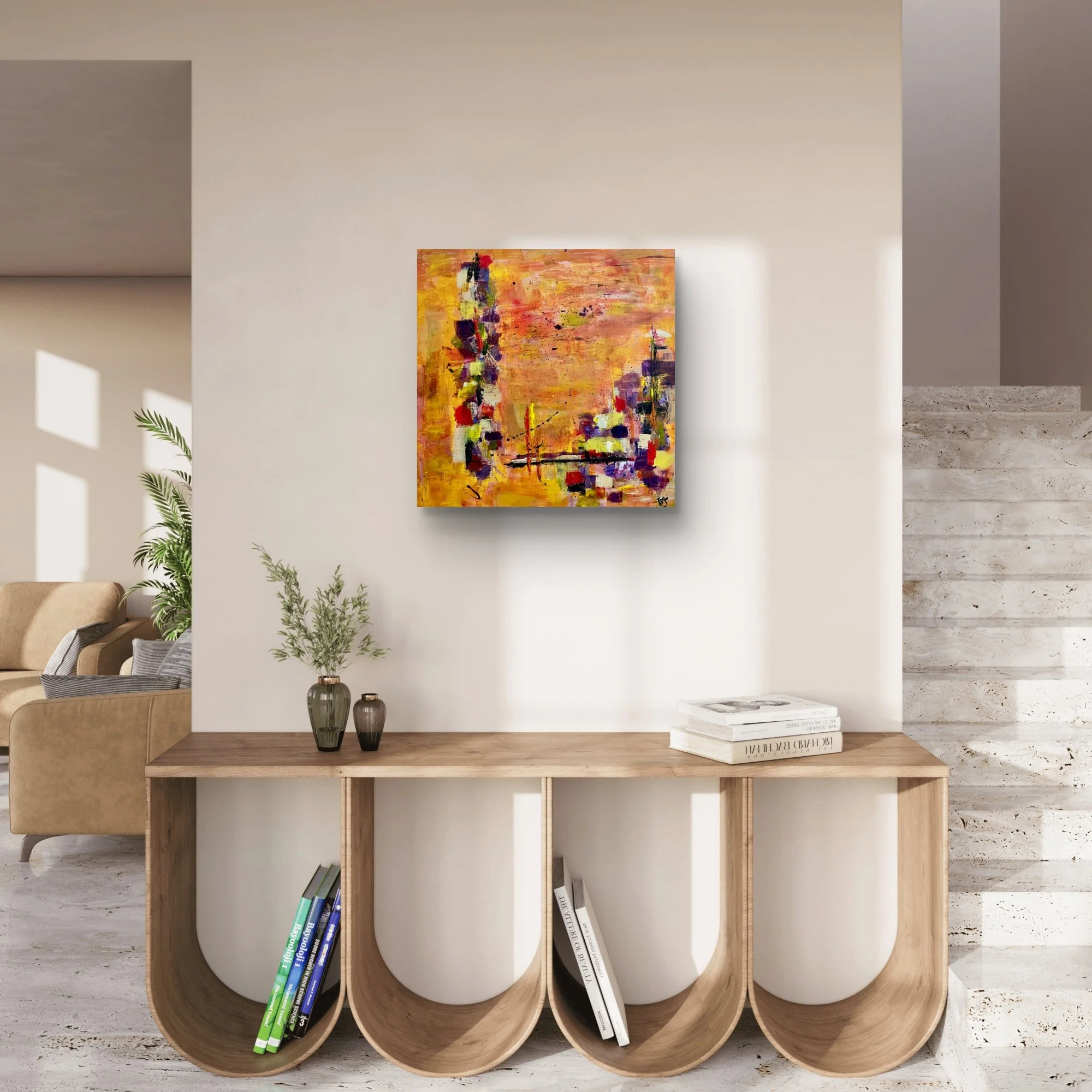Incandescent Metamorphosis abstract fine art print by Virginie Bergar — 30 × 30 in displayed above a wooden console in a contemporary neutral