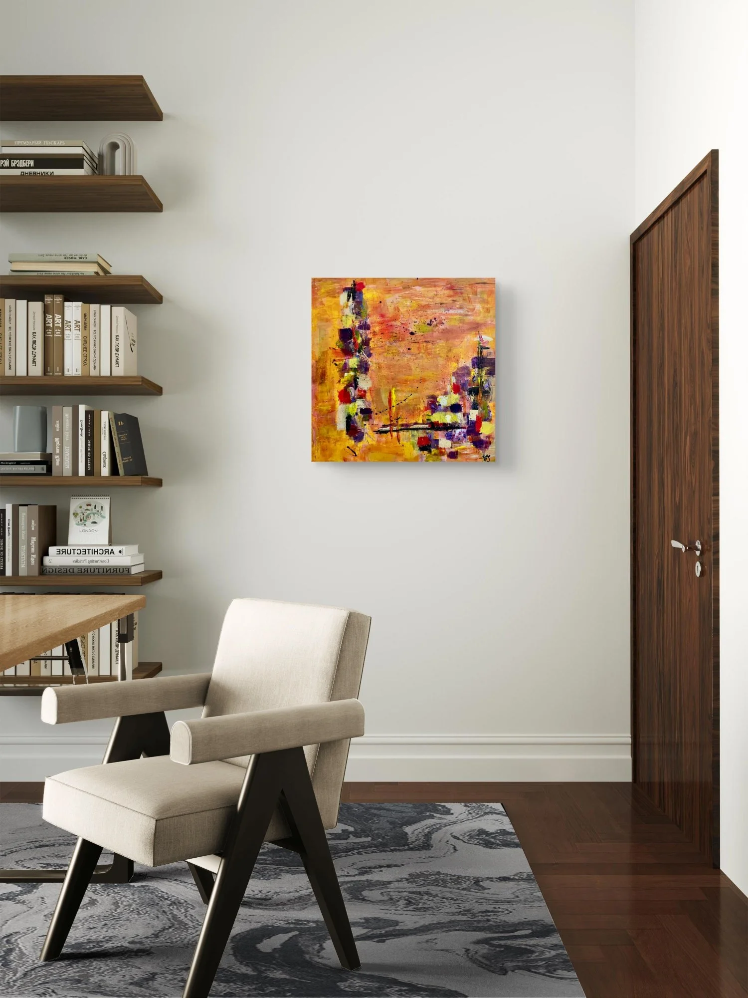 Incandescent Metamorphosis abstract fine art print by Virginie Bergar — 30 × 30 in displayed in a calm contemporary office or healing space