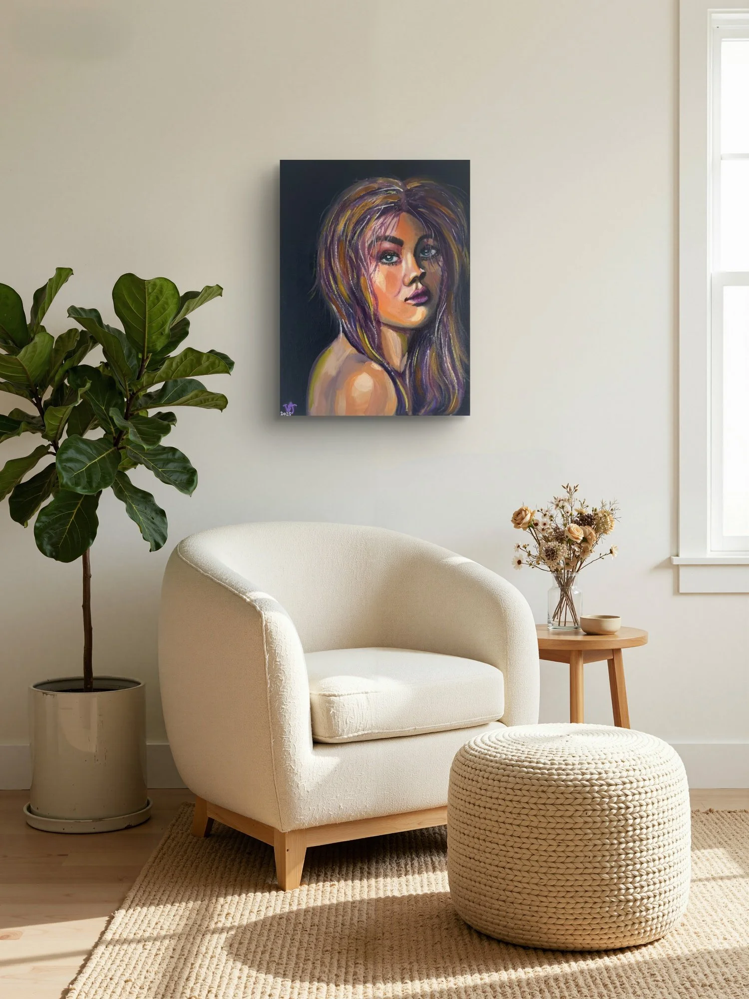 If Only I Didn't Care female portrait fine art print by Virginie Bergar — 18 × 24 in displayed above an armchair in a bright cosy sitting area