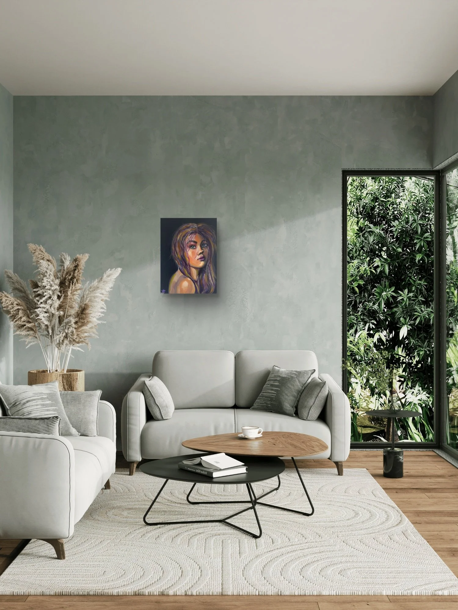 If Only I Didn't Care female portrait fine art print by Virginie Bergar — 18 × 24 in displayed above a sofa in a contemporary living room