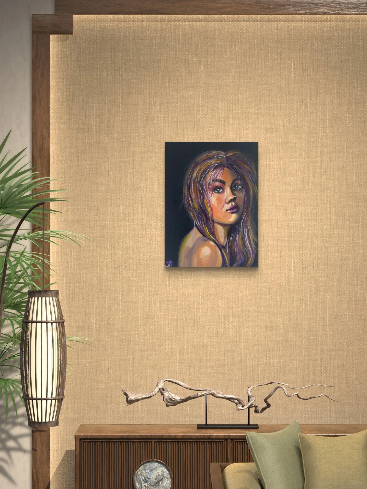 If Only I Didn't Care female portrait fine art print by Virginie Bergar — 18 × 24 in displayed above a wooden console in a warm contemporary interior
