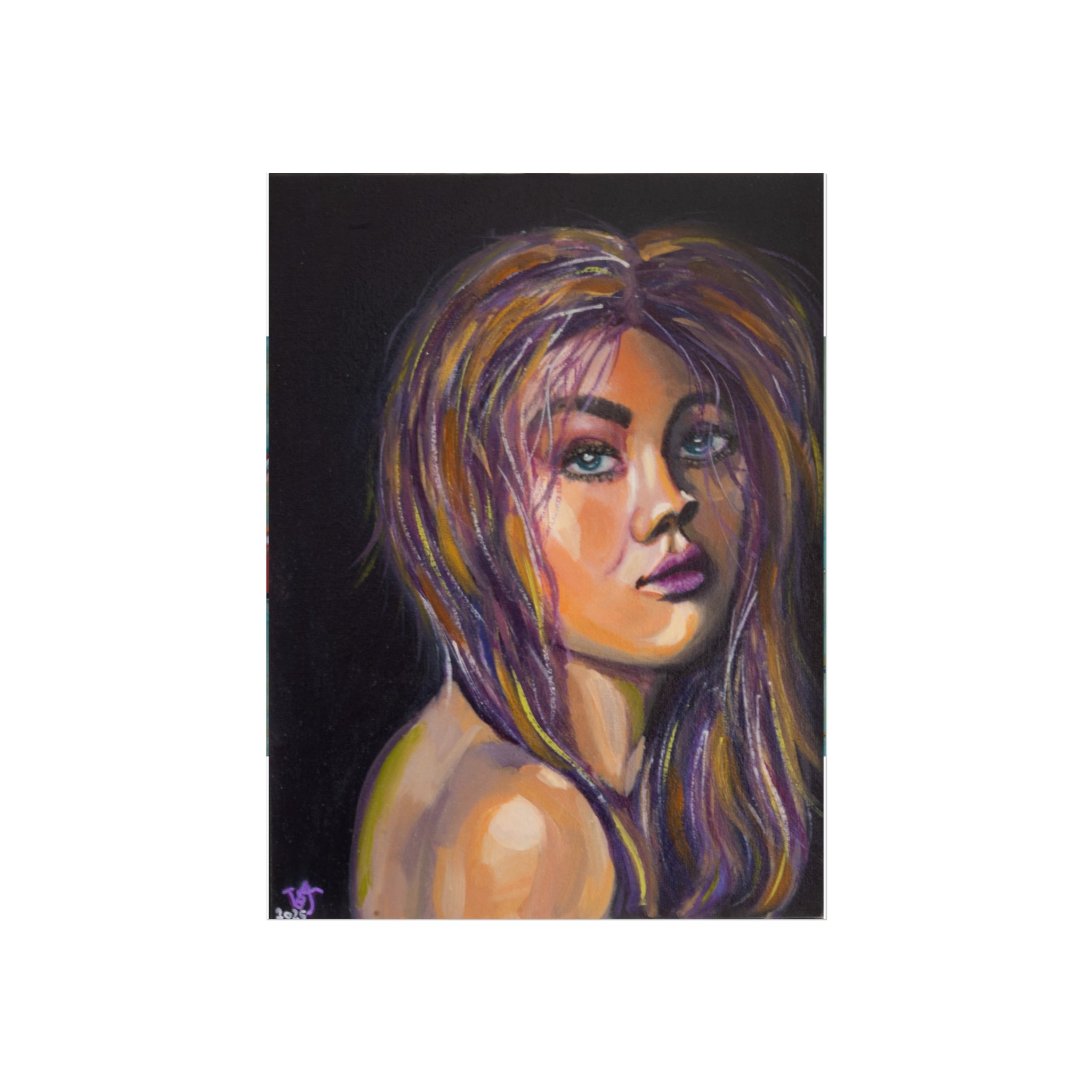 If Only I Didn't Care contemporary female portrait fine art print by Virginie Bergar — expressive portrait in purple, ochre and warm tones on a dark background
