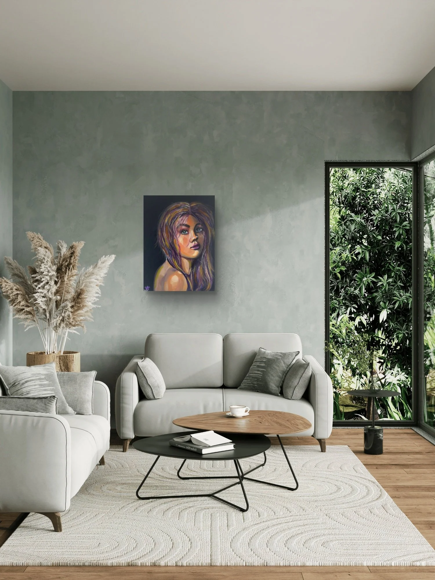 If Only I Didn't Care female portrait fine art print by Virginie Bergar — 24 × 32 in displayed above a sofa in a contemporary living room