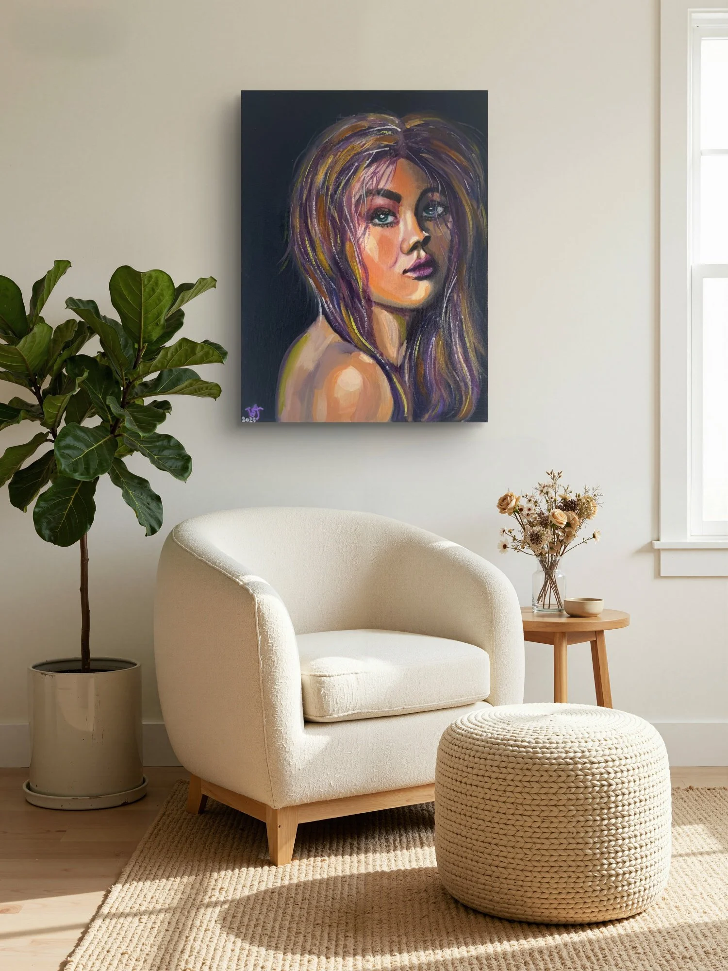 If Only I Didn't Care female portrait fine art print by Virginie Bergar — 24 × 32 in displayed above an armchair in a bright cosy sitting area