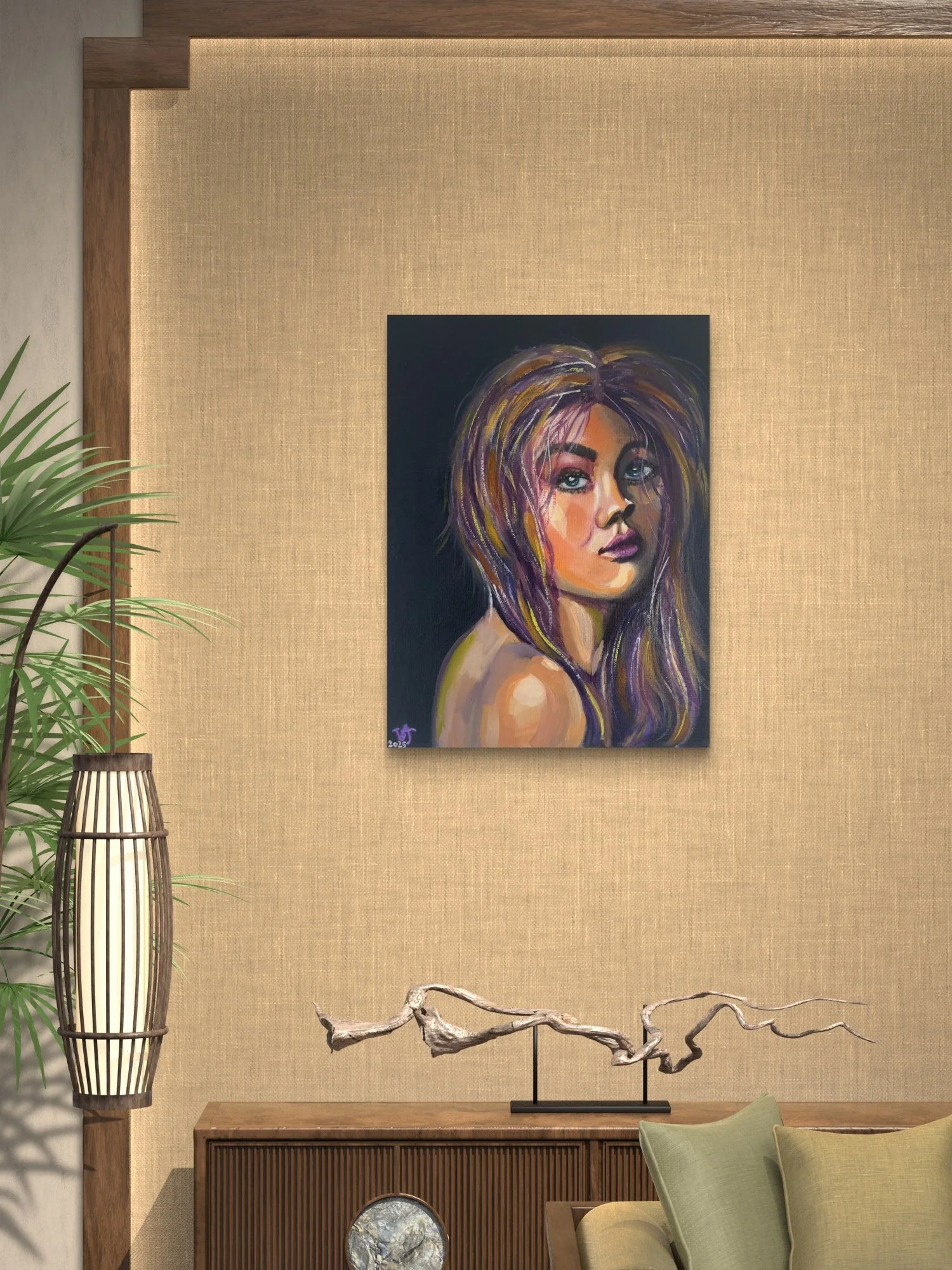If Only I Didn't Care female portrait fine art print by Virginie Bergar — 24 × 32 in displayed above a wooden console in a warm contemporary interior